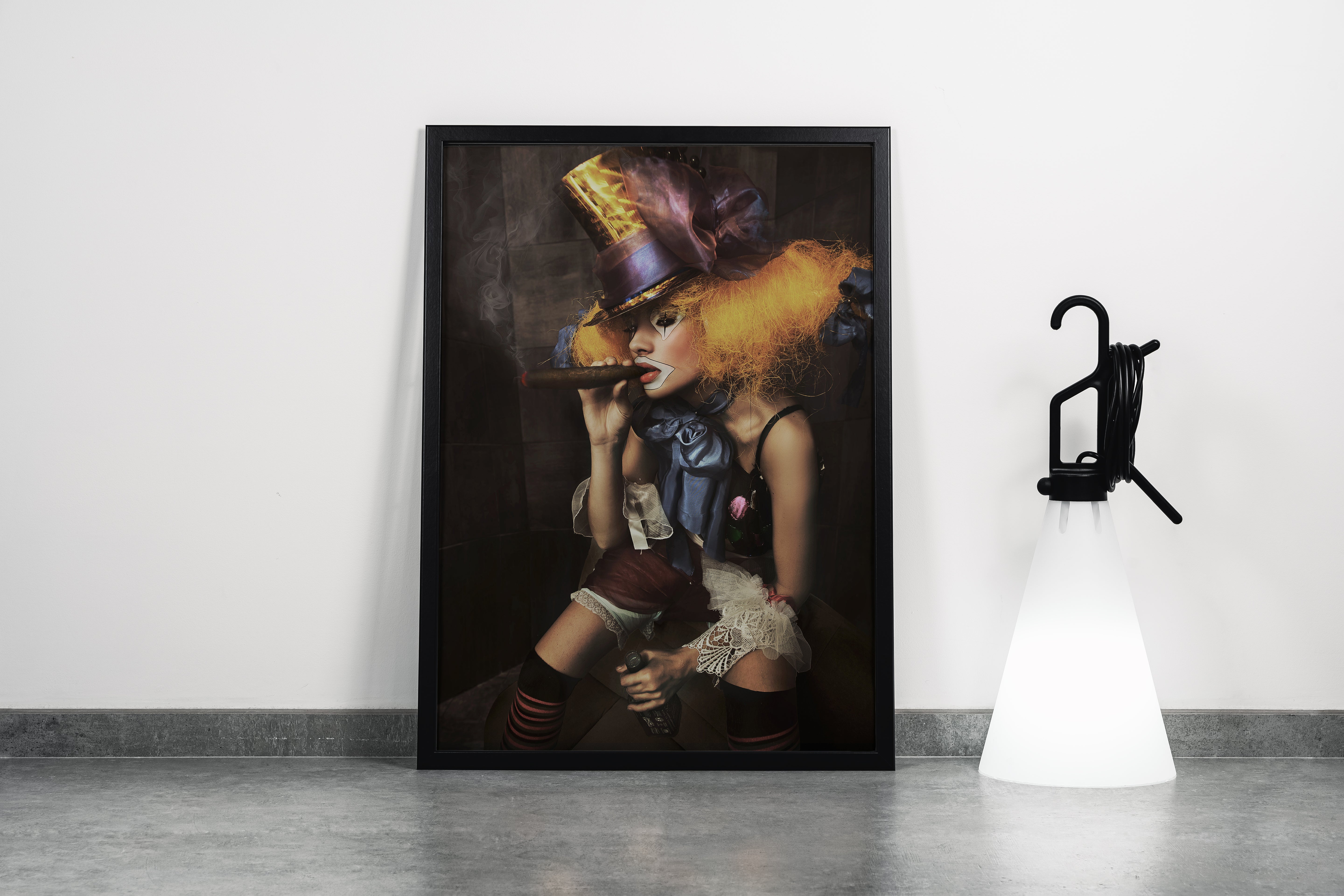 a decadent female clown with wild orange hair smoking a large cigar, art, kanvas tablo