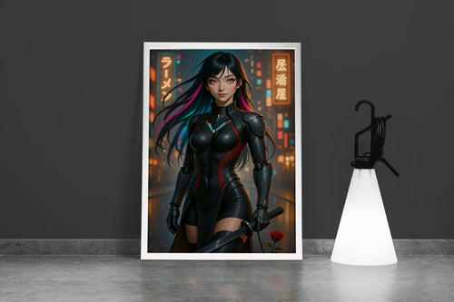 Neon Işıklı Fütüristik Şehirde Katanalı Cyberpunk Savaşçı Kadın Konsept Sanatı Kanvas Tablo