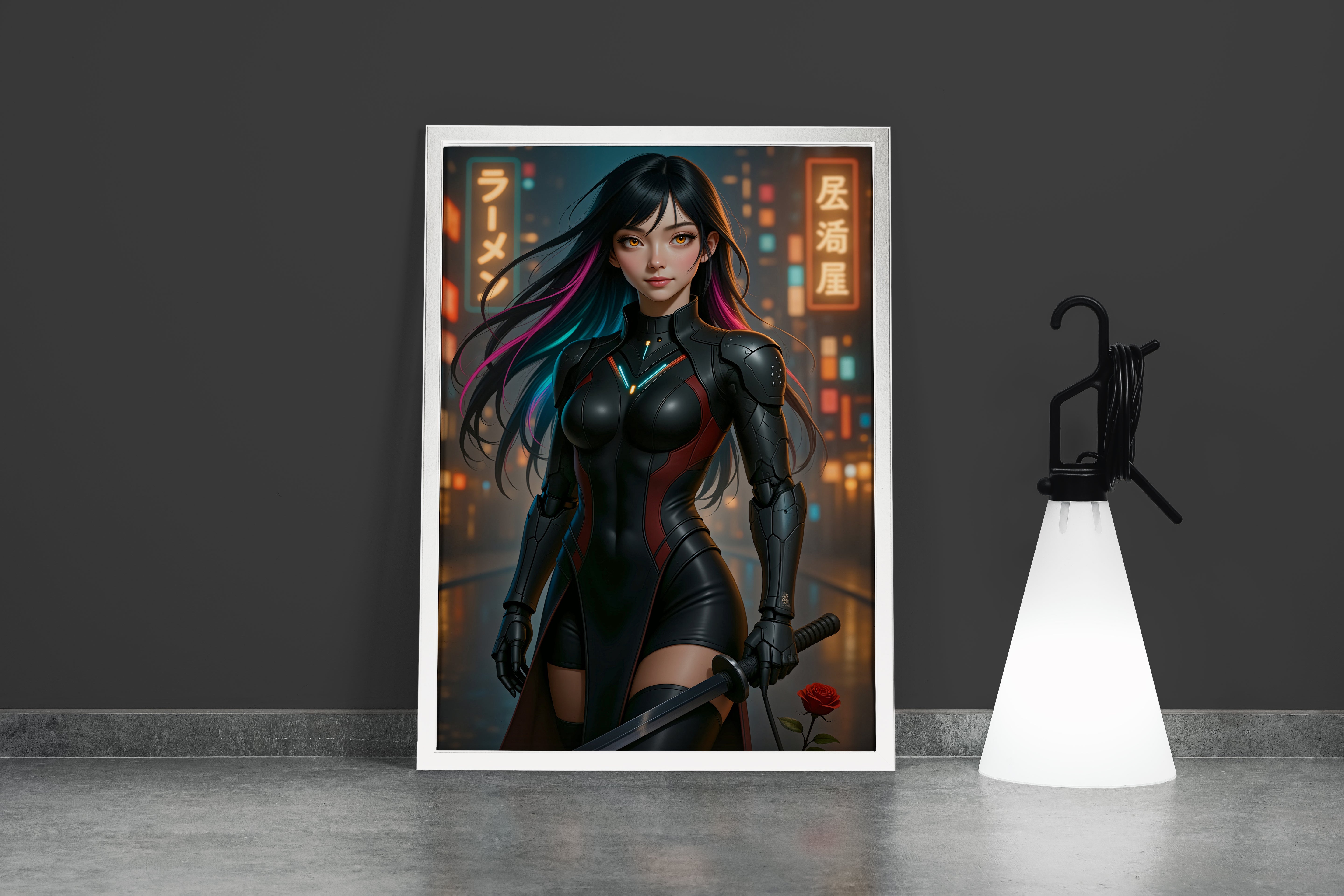 Neon Işıklı Fütüristik Şehirde Katanalı Cyberpunk Savaşçı Kadın Konsept Sanatı Kanvas Tablo