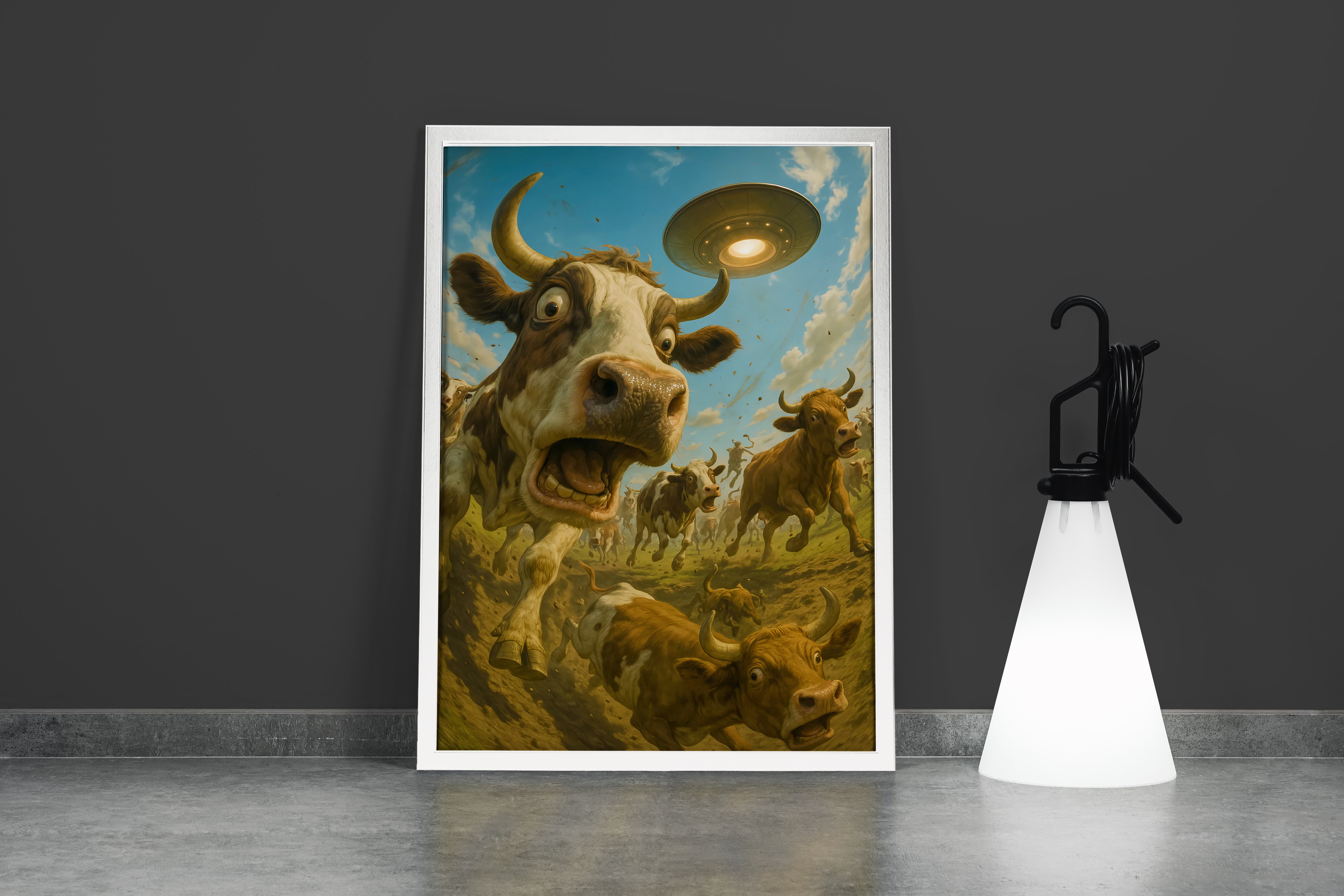 ai creation, cows escaping alien attack, ai art, art, kanvas tablo