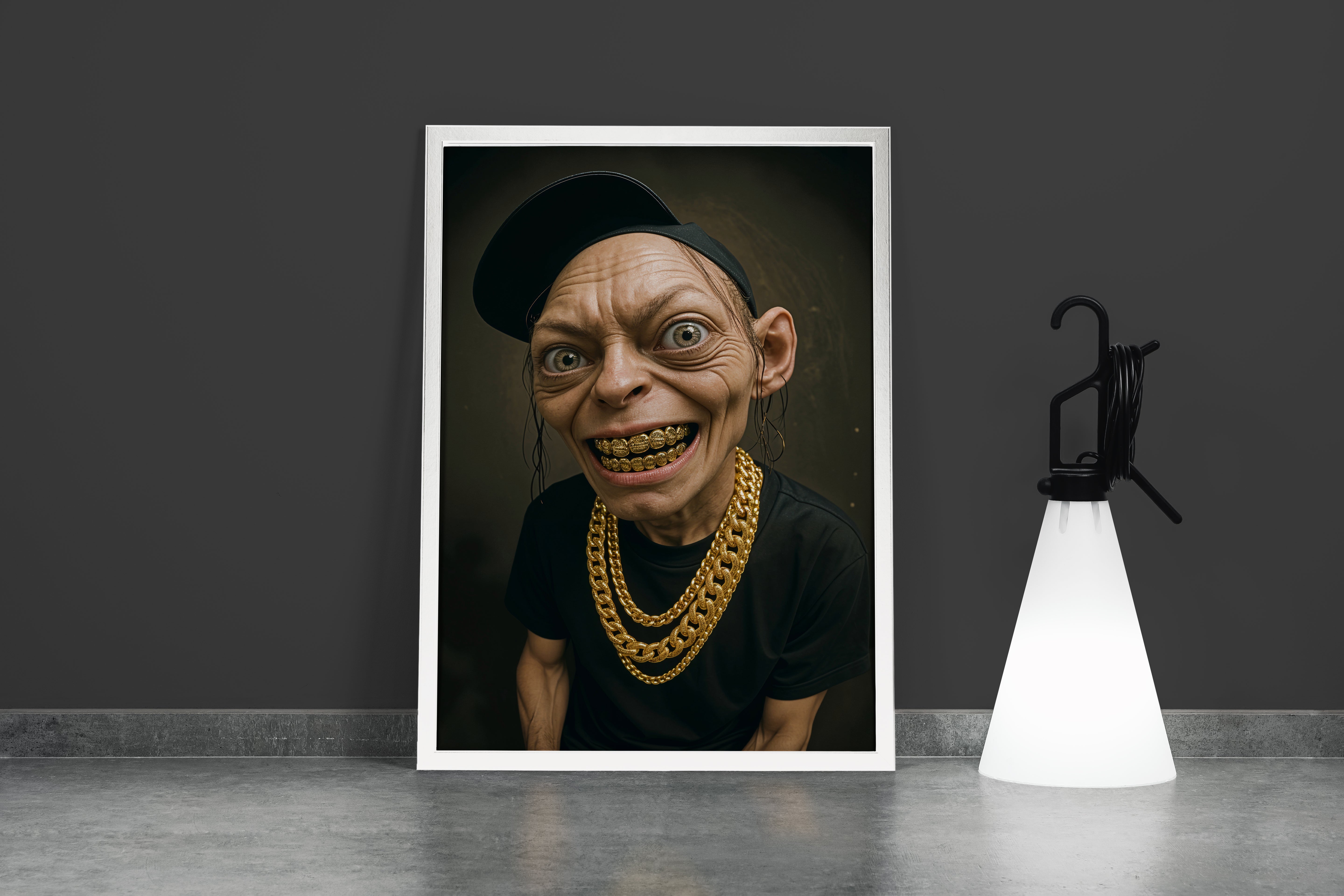 ai creation, psycho gollum and his necklaces, art, kanvas tablo