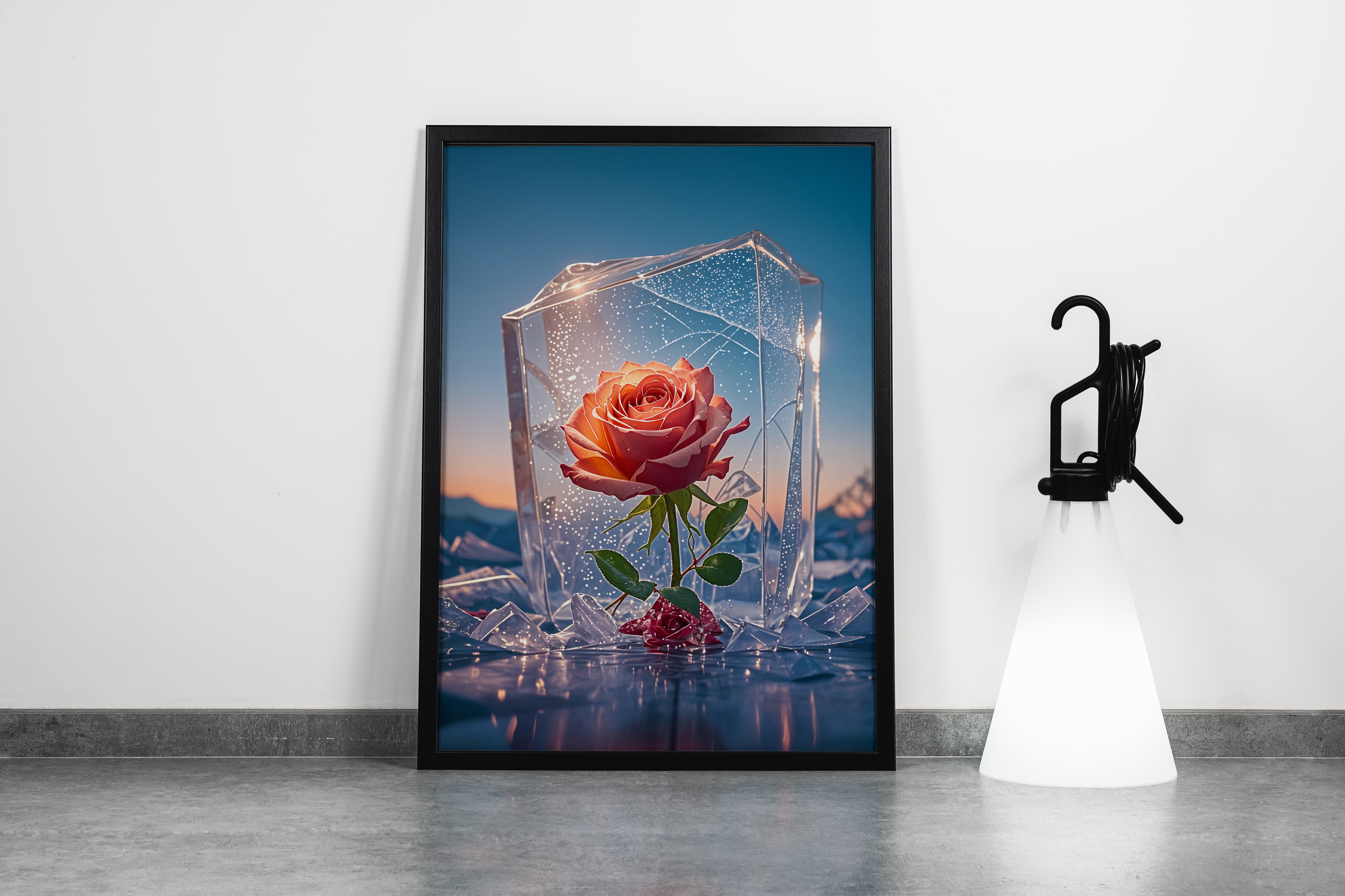 ai creation, red rose in crystal, frozen themed, ai art, art, kanvas tablo