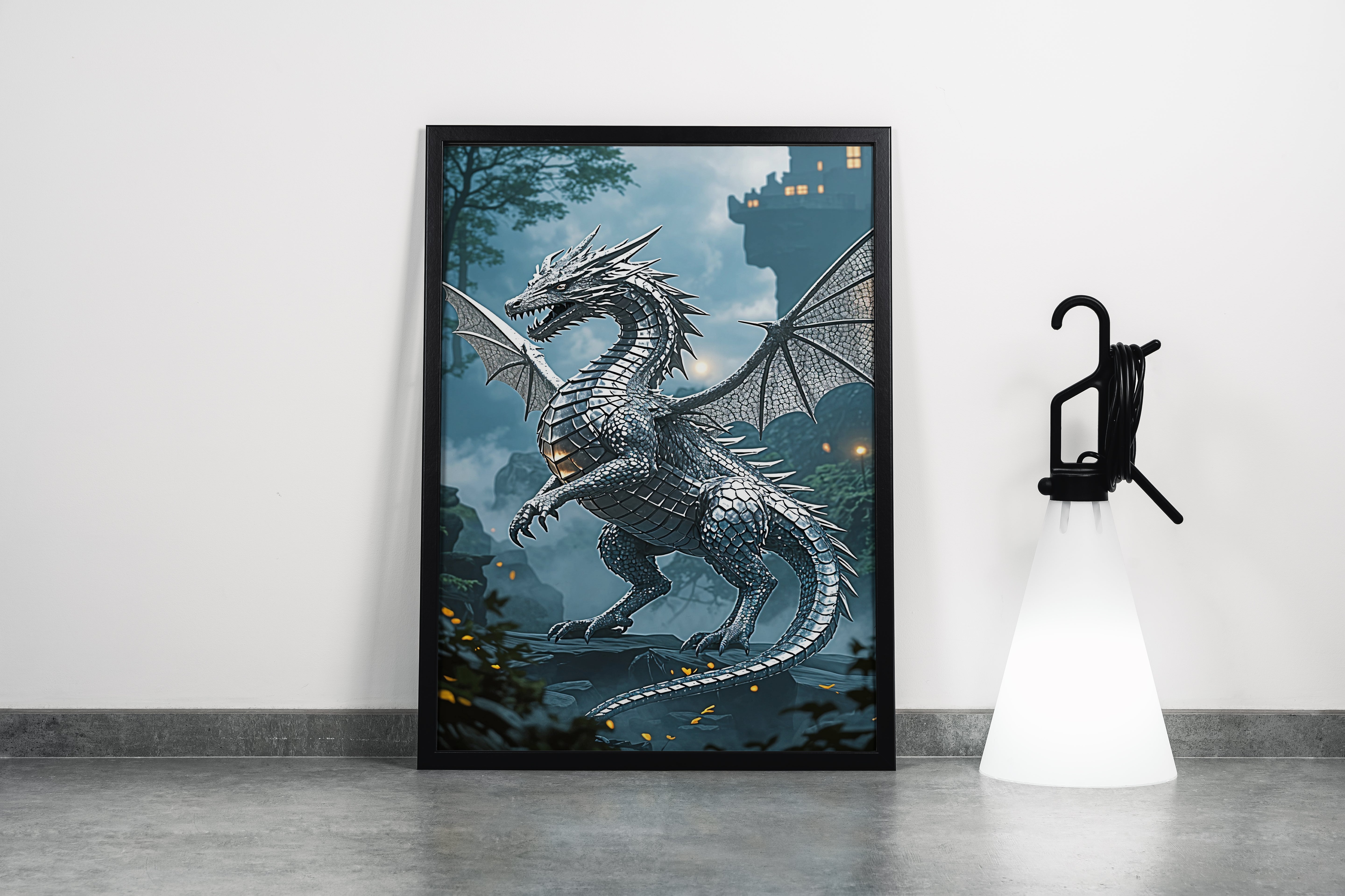 ai creation, silver plated dragon, dark themed, ai art, art, kanvas tablo