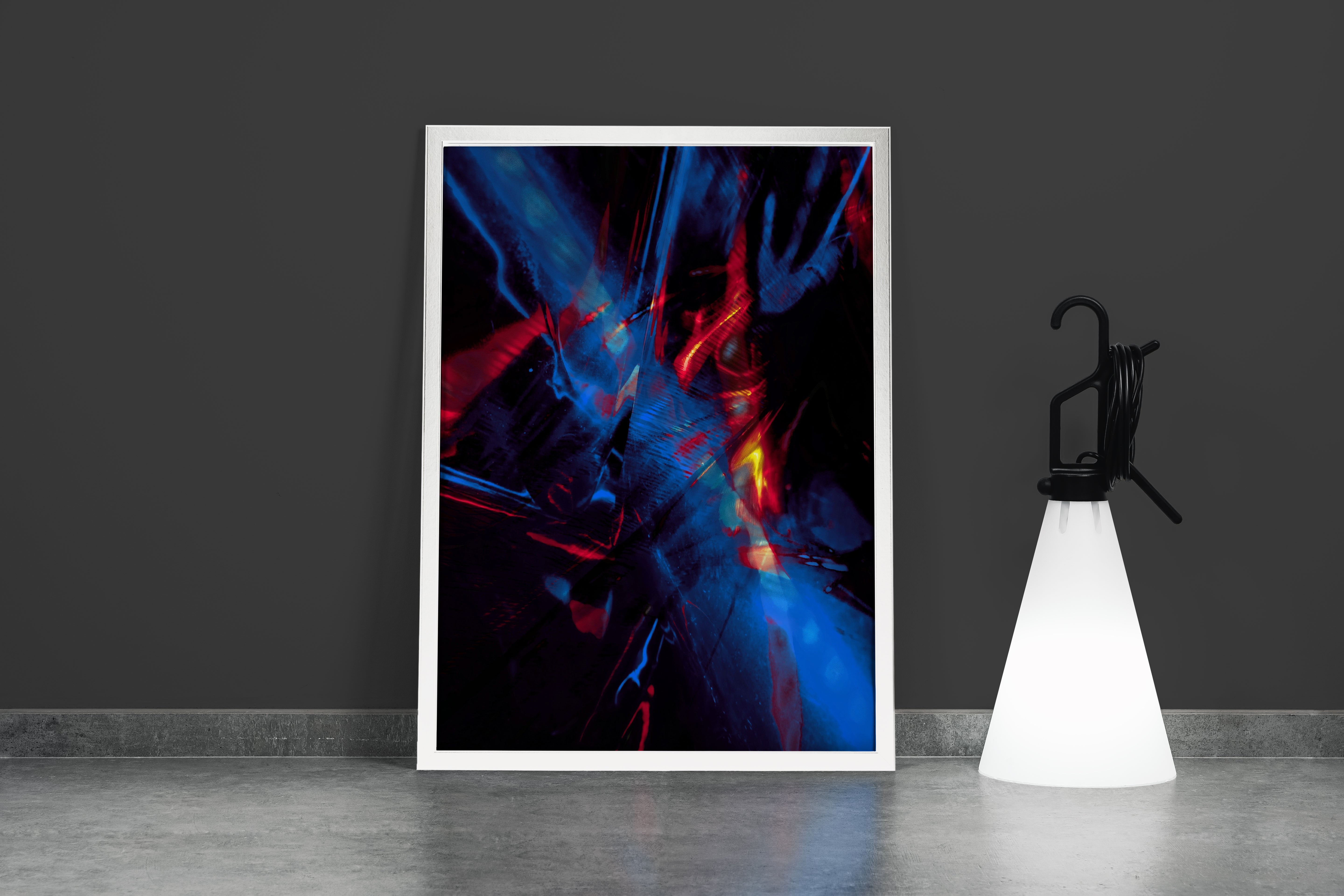 an energetic abstract composition with chaotic streaks of red and blue light on black, abstract, art, kanvas tablo