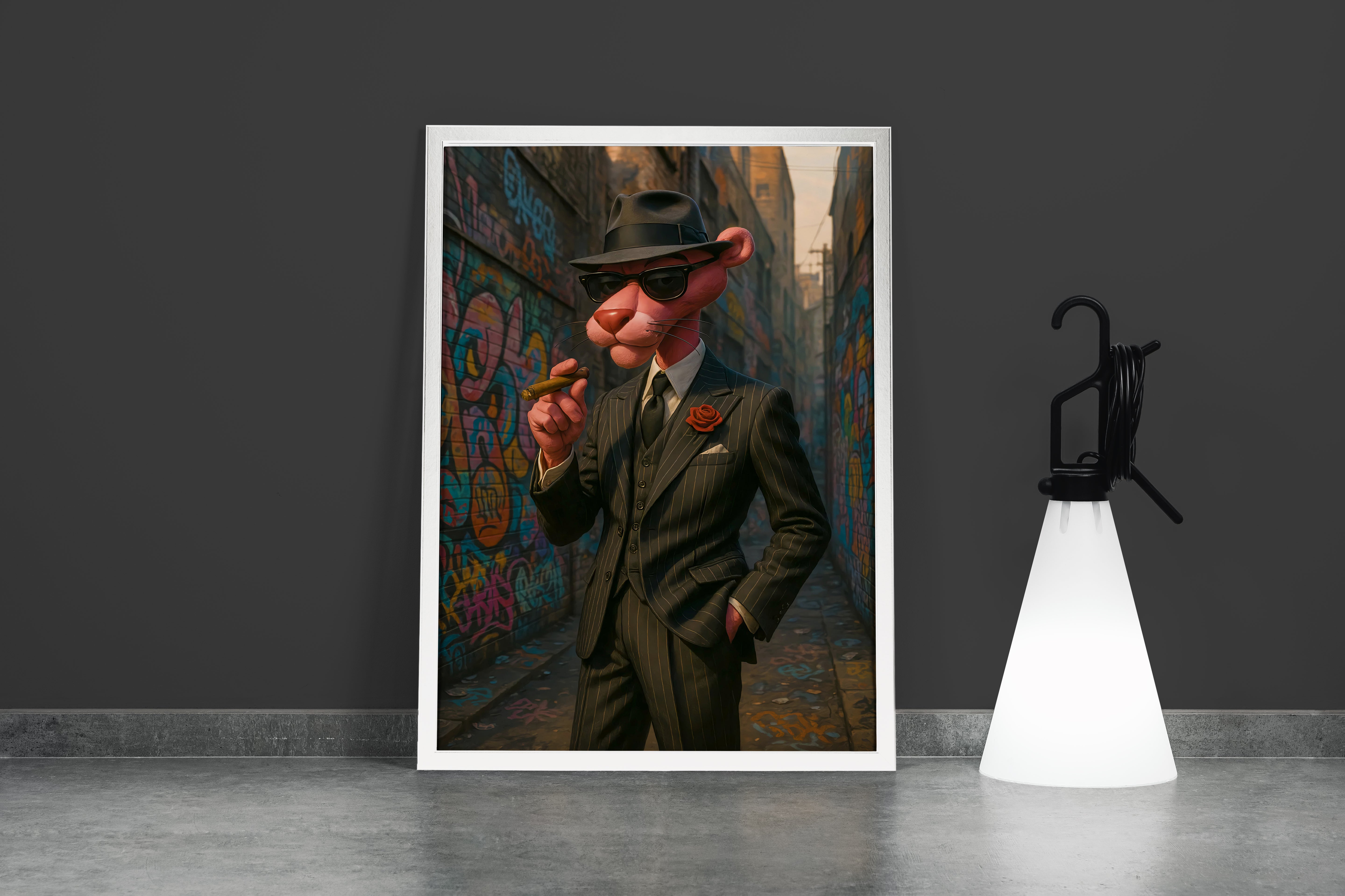 ai creation, pink panther in a suit, ai art, art, kanvas tablo
