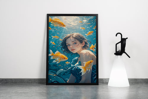ai creation, girl swimming in the sea with goldfish, ai art, art, kanvas tablo