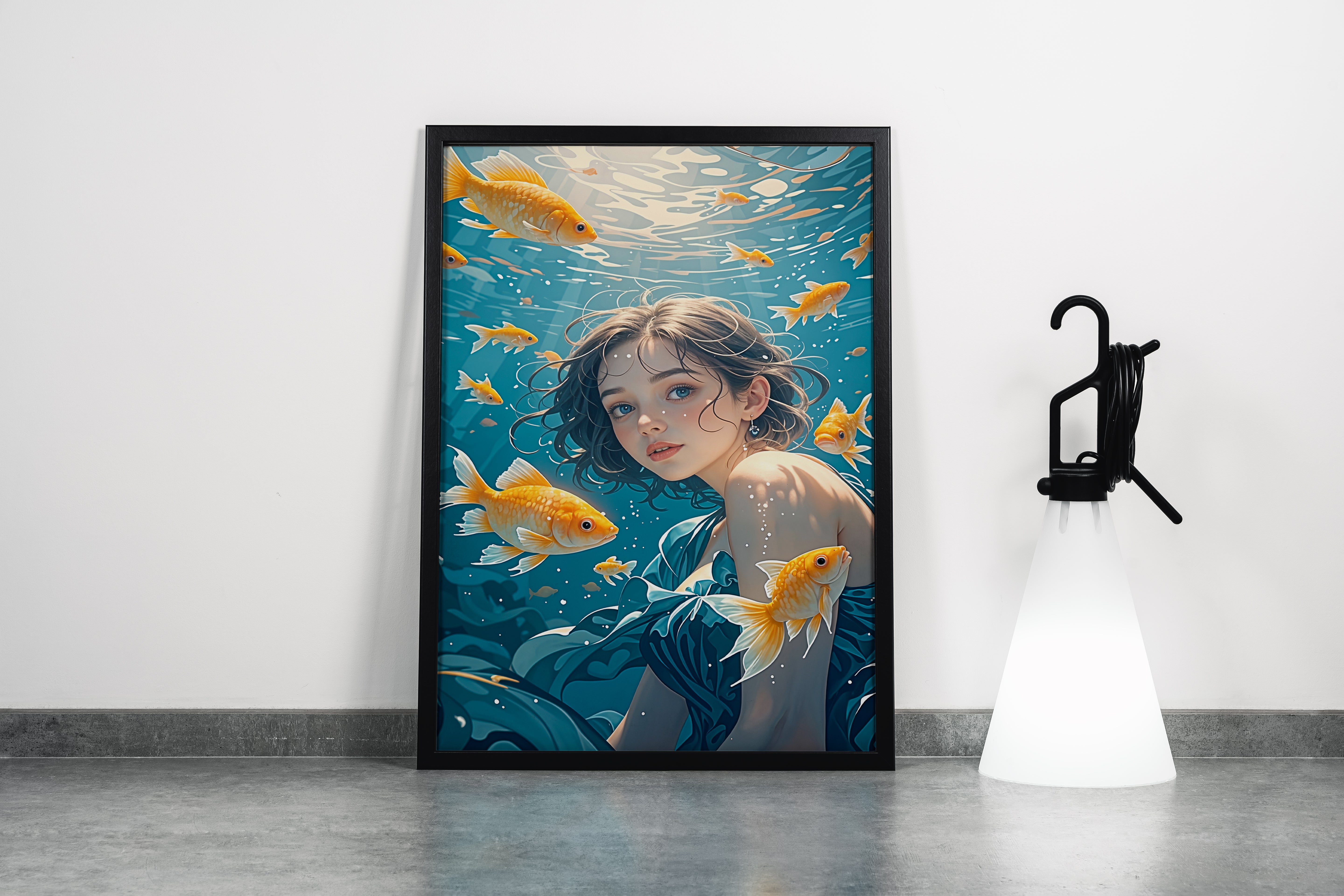 ai creation, girl swimming in the sea with goldfish, ai art, art, kanvas tablo