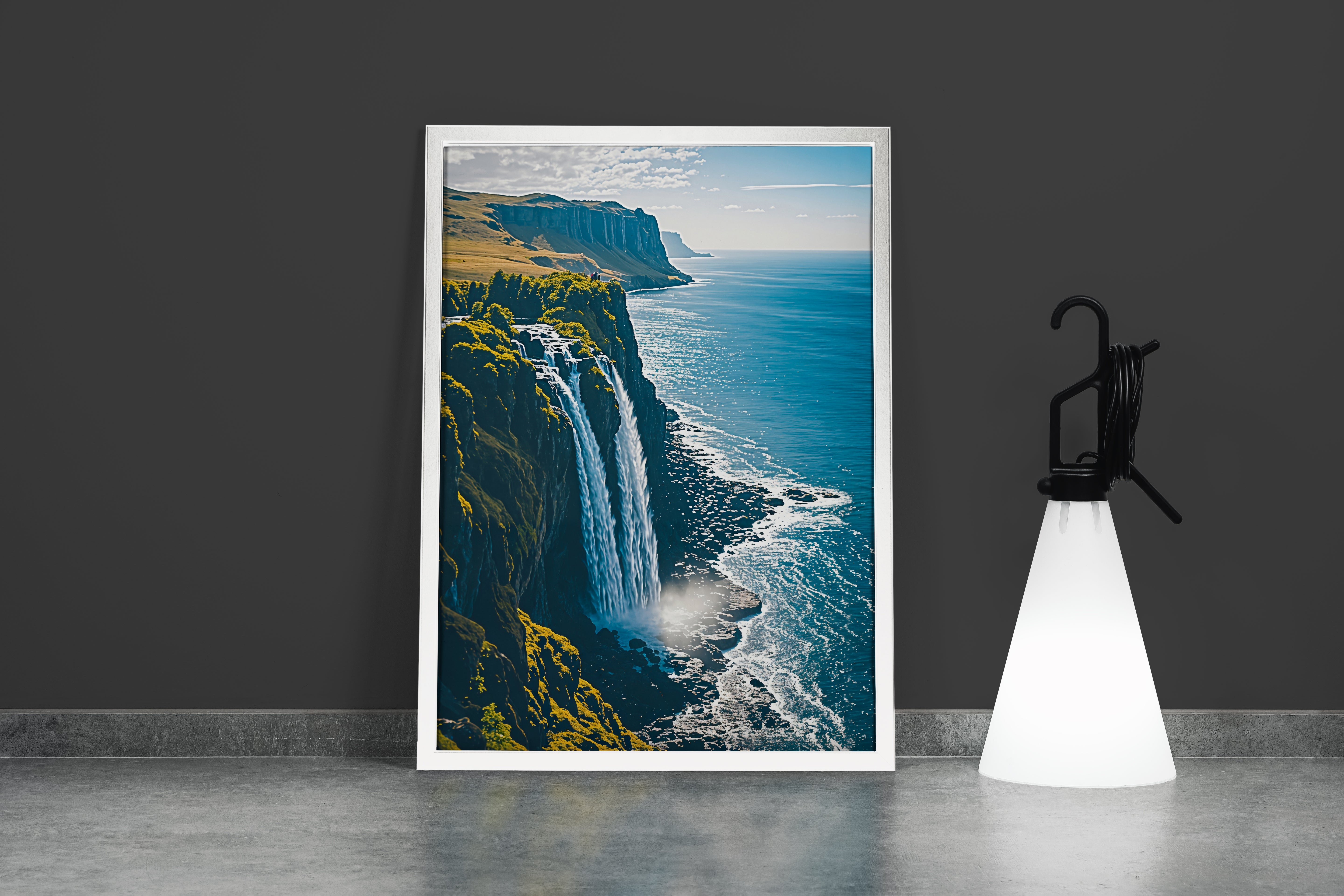 ai creation, waterfall flowing from a cliff into the sea, ai art, art, kanvas tablo