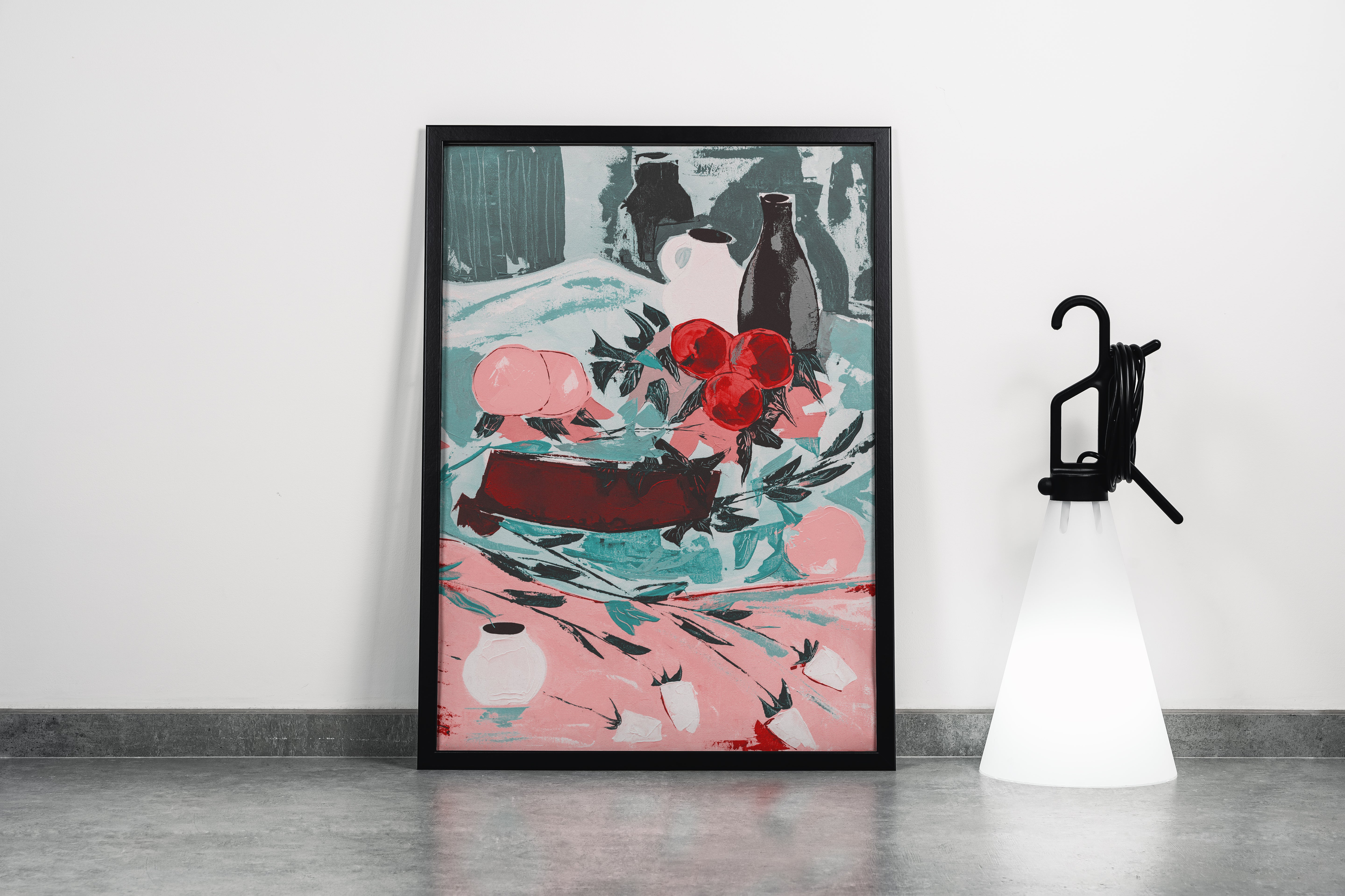 a modern still life painting of fruits and vases in a unique color palette, abstract, art, kanvas tablo
