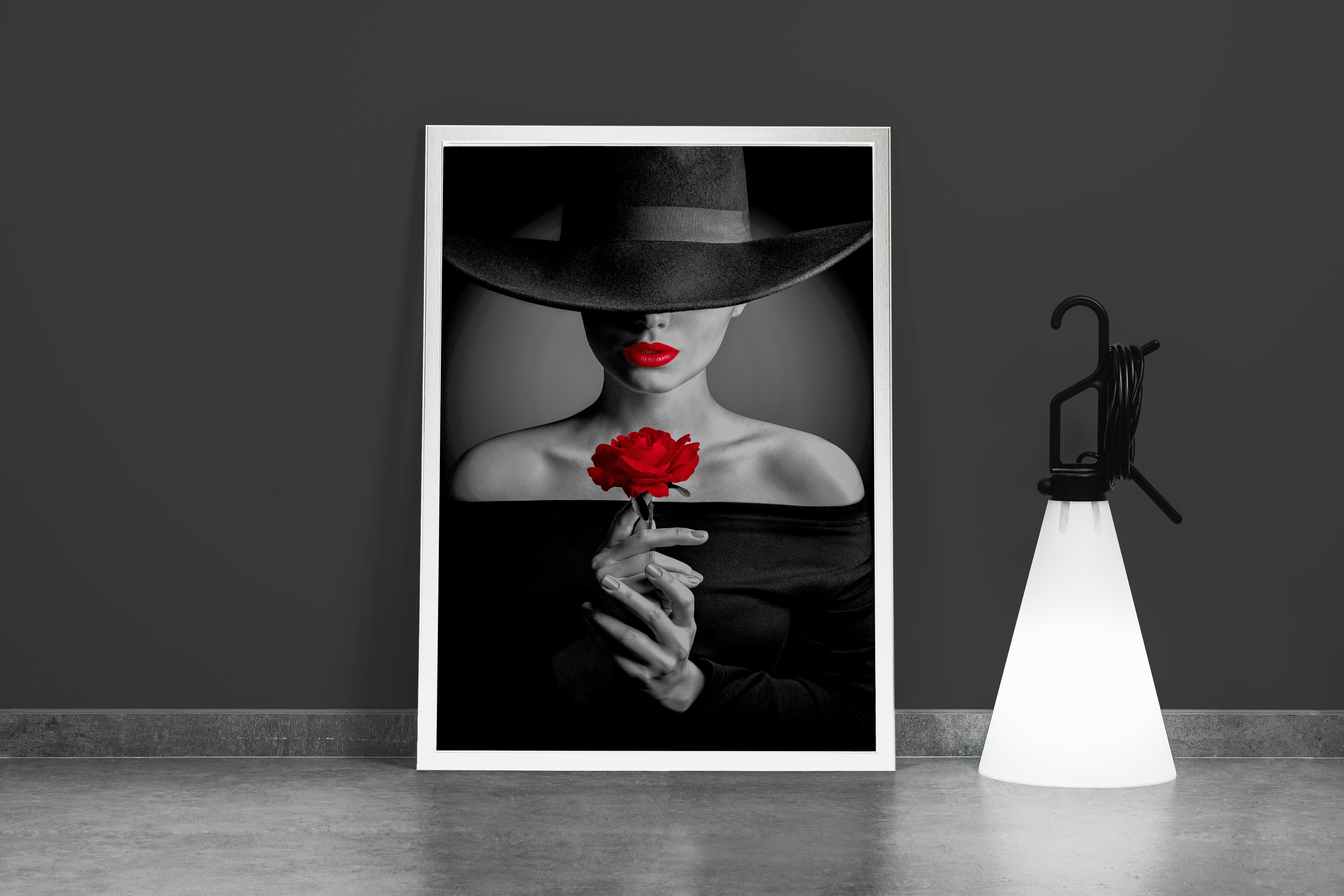 a black and white photo of a mysterious woman with a red rose and lips, art, kanvas tablo