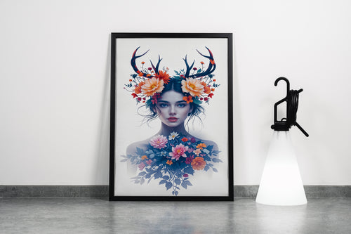 ai creation, a beautiful woman as a nature spirit with antlers and blooming flowers, ai art, art, kanvas tablo