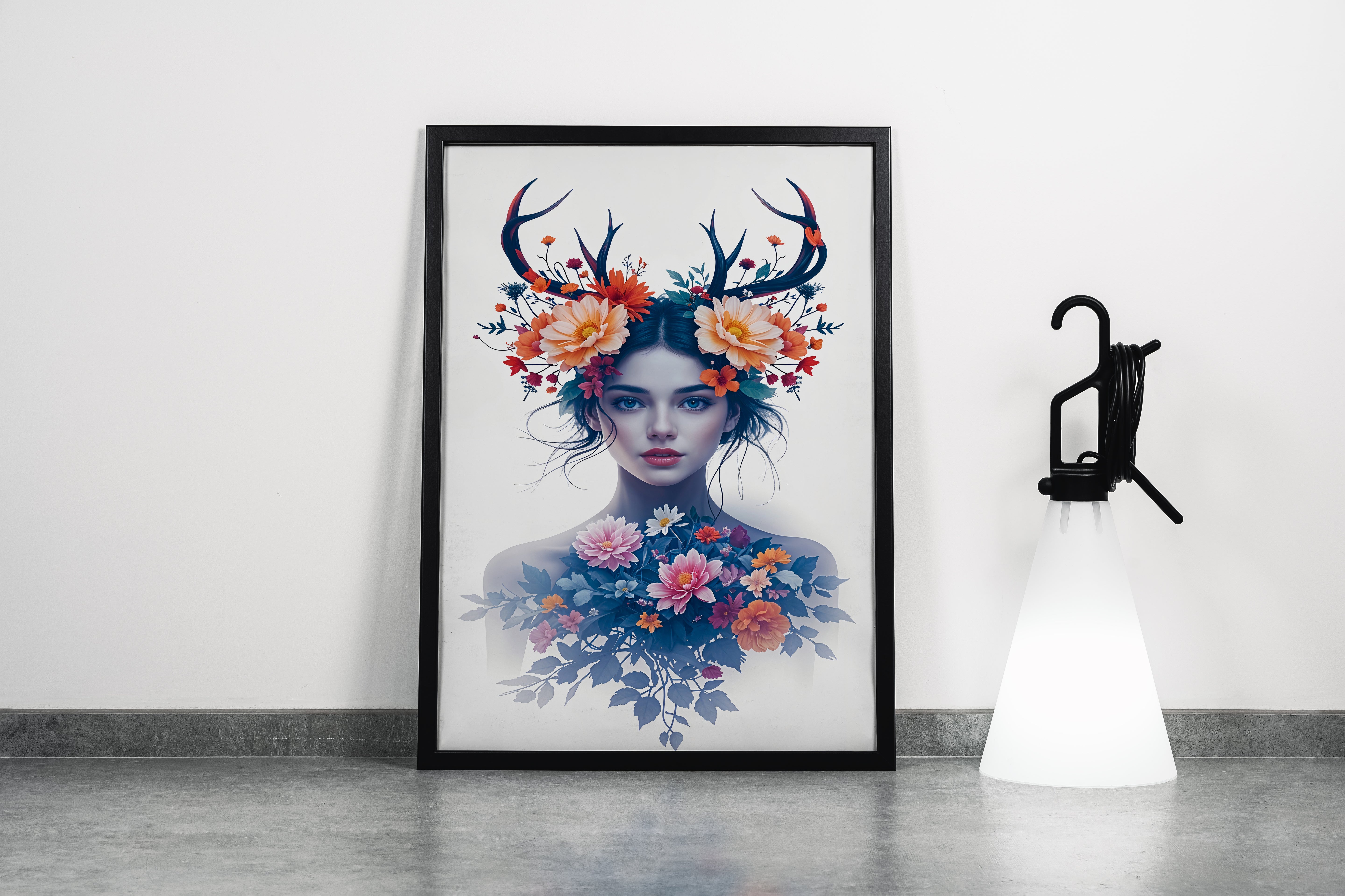 ai creation, a beautiful woman as a nature spirit with antlers and blooming flowers, ai art, art, kanvas tablo