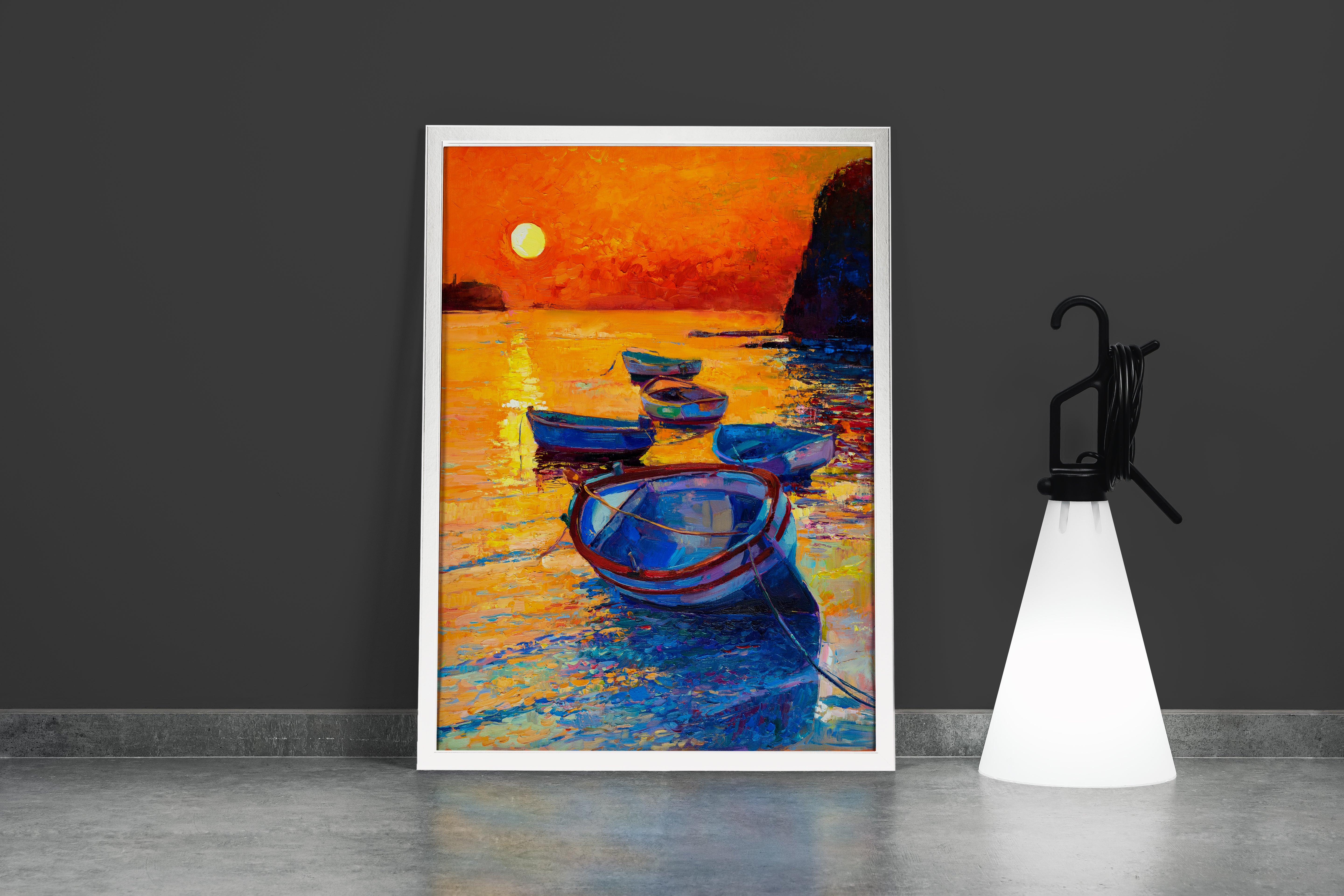 an impressionist oil painting of boats on the sea during a vibrant orange sunset, abstract, art, kanvas tablo