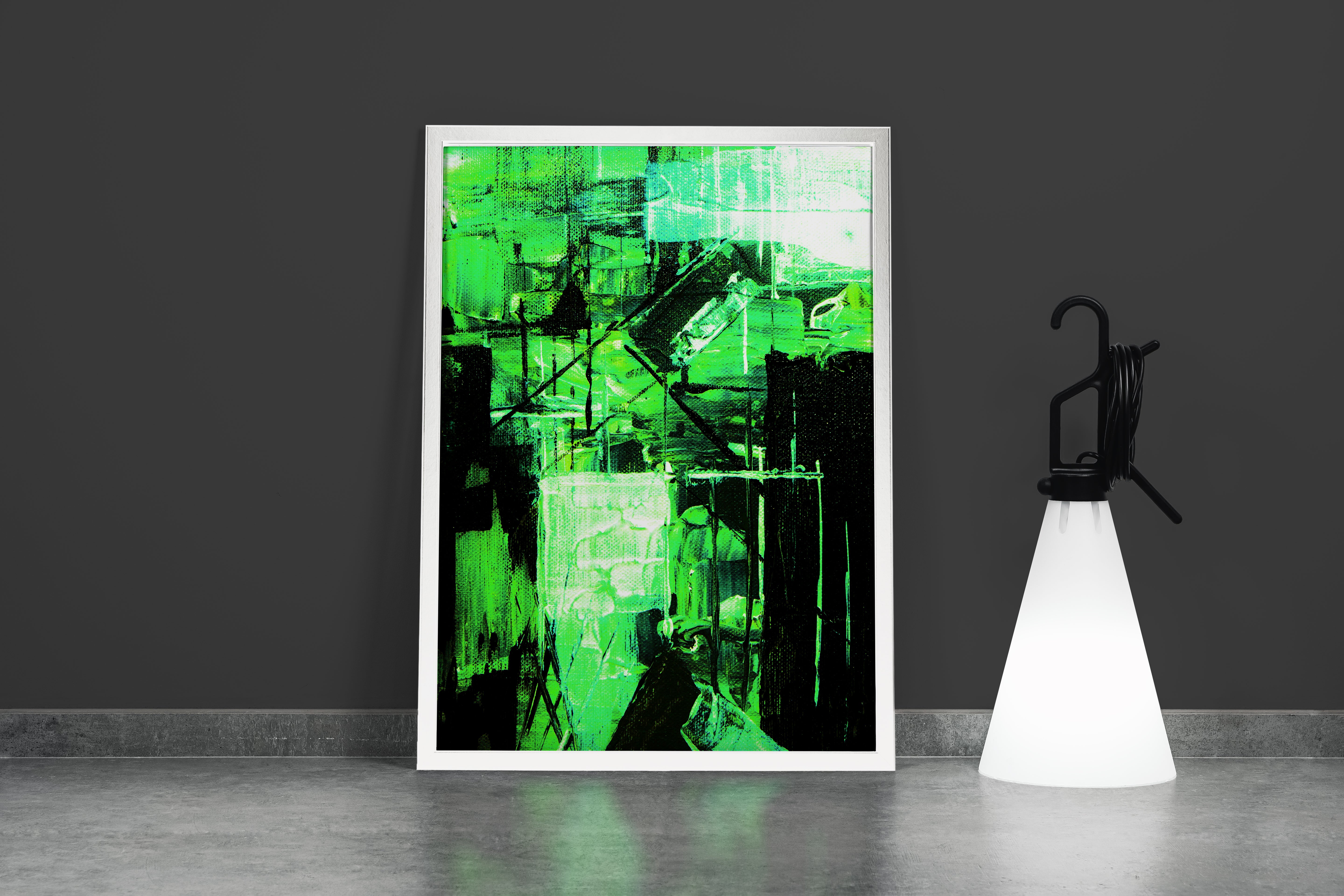 a high-contrast abstract painting with neon green and black creating a futuristic cityscape, abstract, art, kanvas tablo
