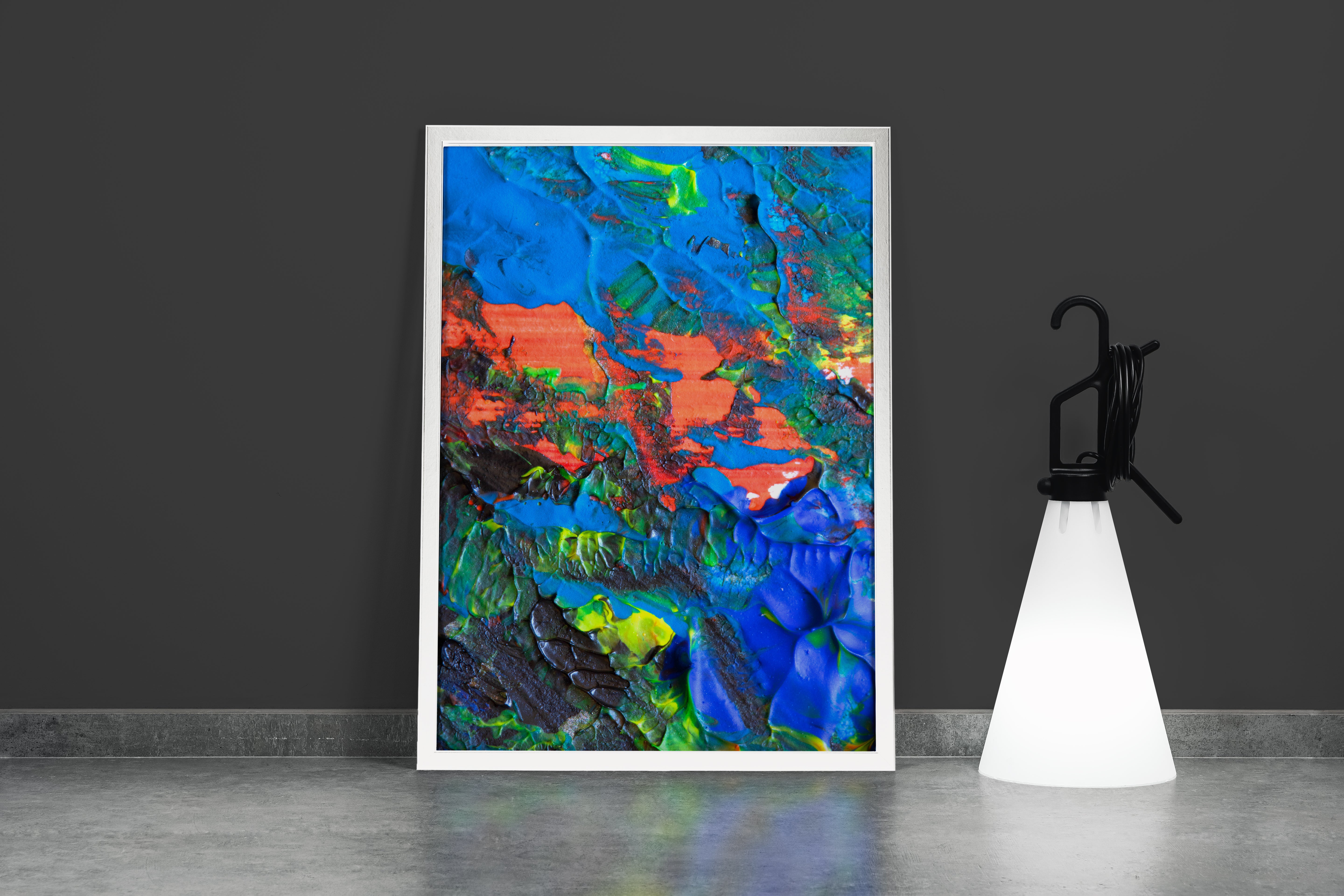 an extreme close-up of a heavily textured painting with vibrant blue and orange colors, abstract, art, kanvas tablo