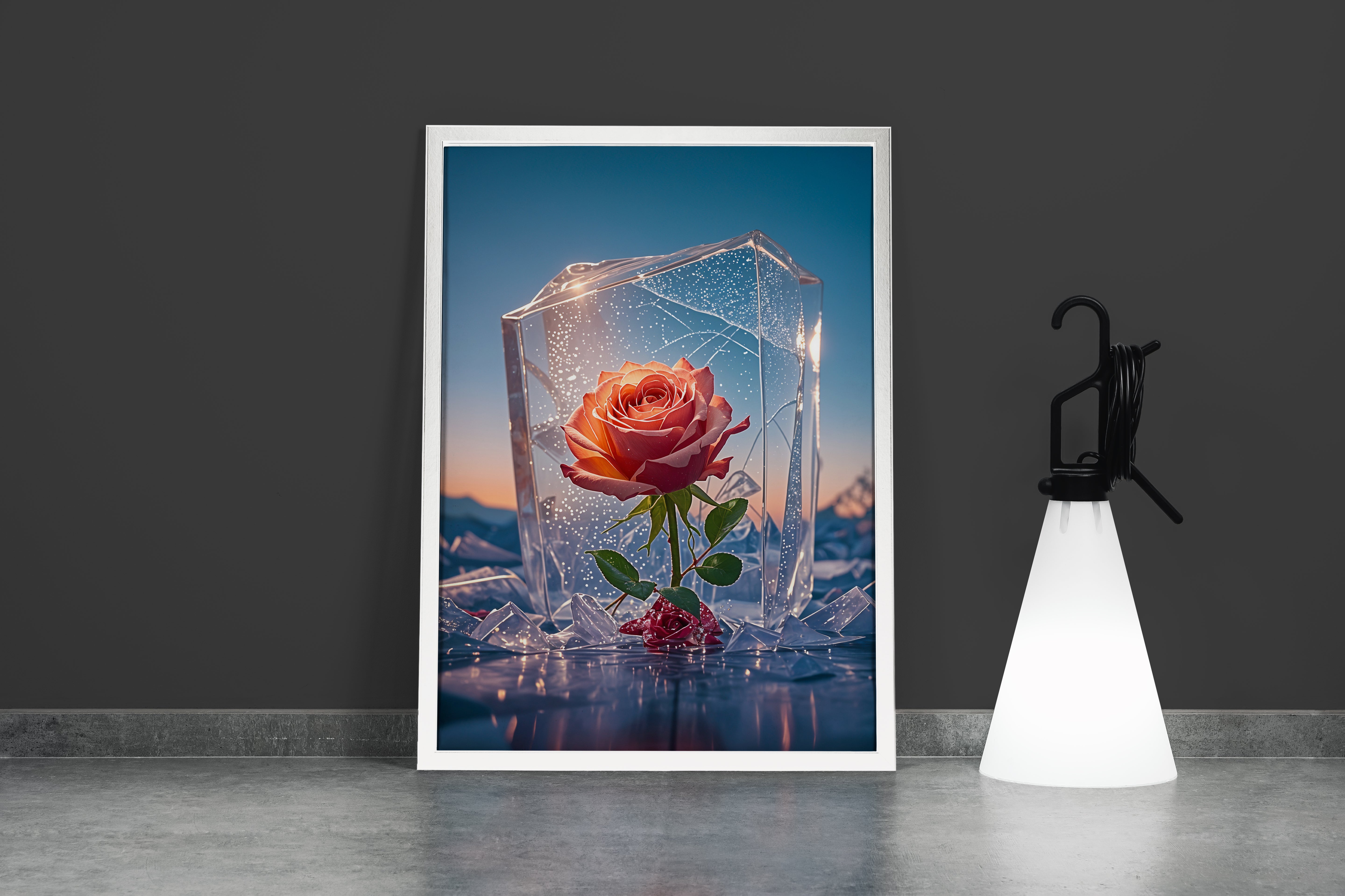 ai creation, red rose in crystal, frozen themed, ai art, art, kanvas tablo
