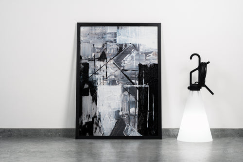 a monochromatic abstract painting featuring bold black and white shapes with heavy textures, abstract, art, kanvas tablo