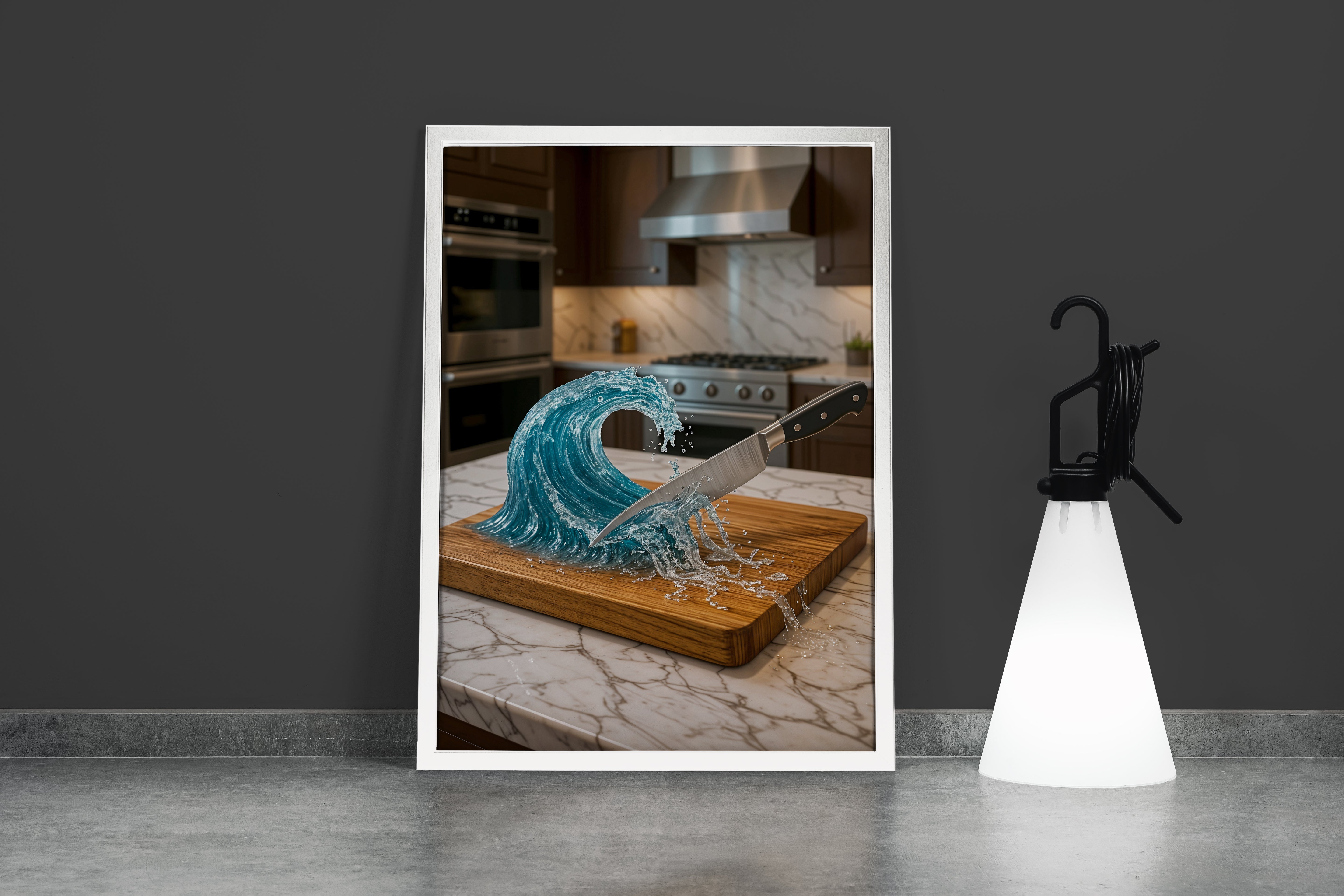 ai creation, a knife that cuts the water wave on the board on the kitchen counter, ai art, art, kanvas tablo