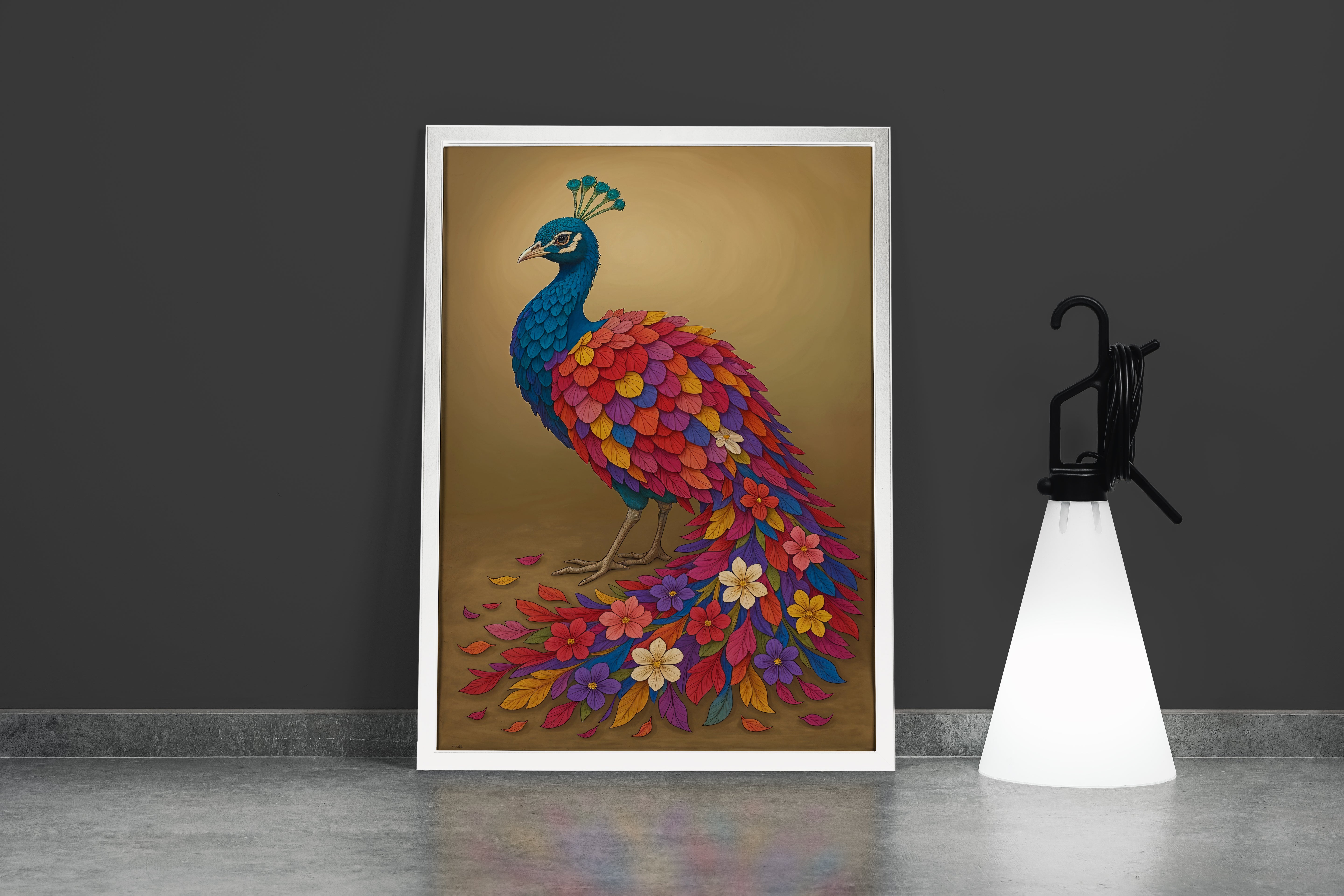 ai creation, colorful peacock adorned with flower motifs, ai art, art, kanvas tablo