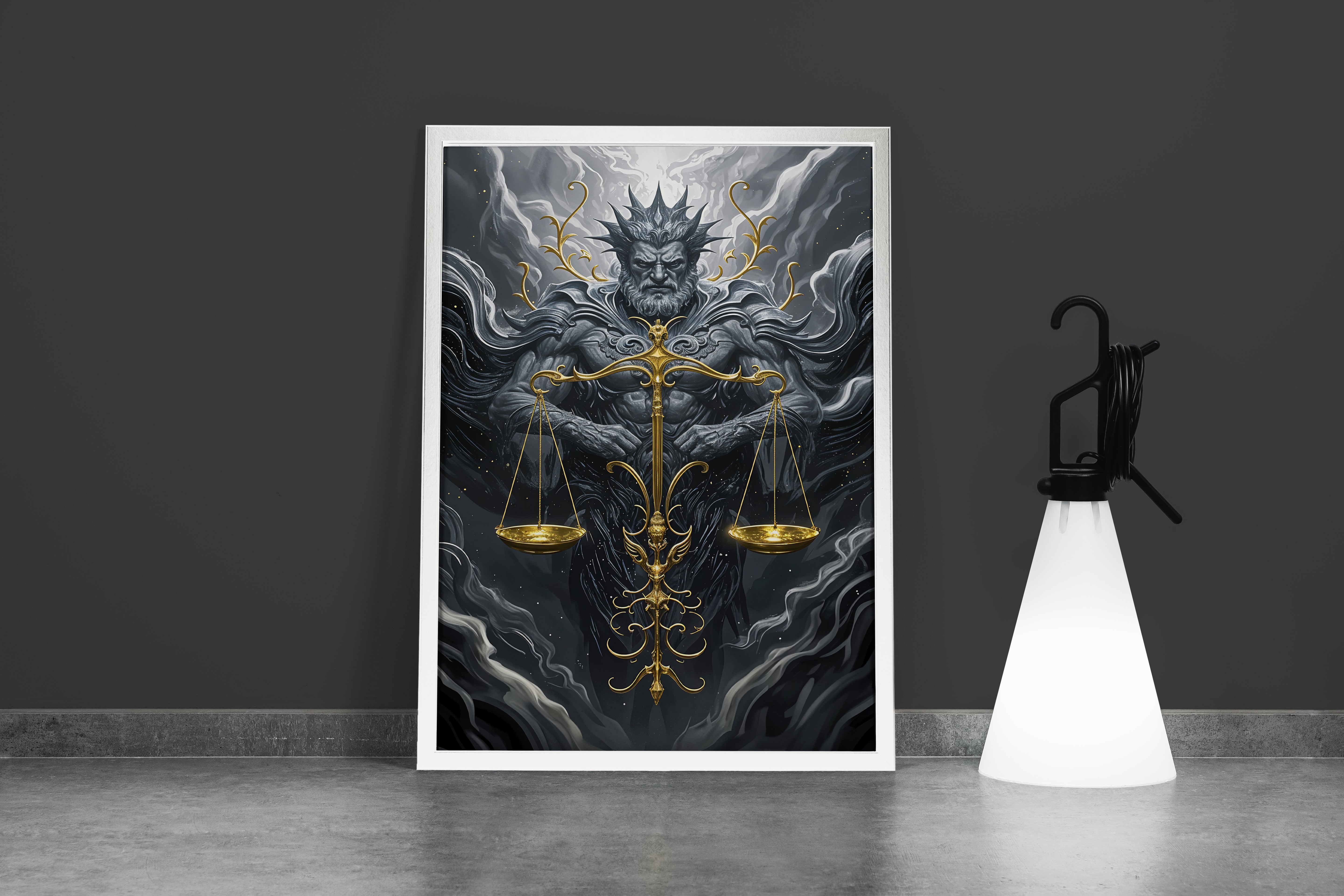 ai creation, an epic god of justice with a stone body and golden scales, ai art, art, kanvas tablo