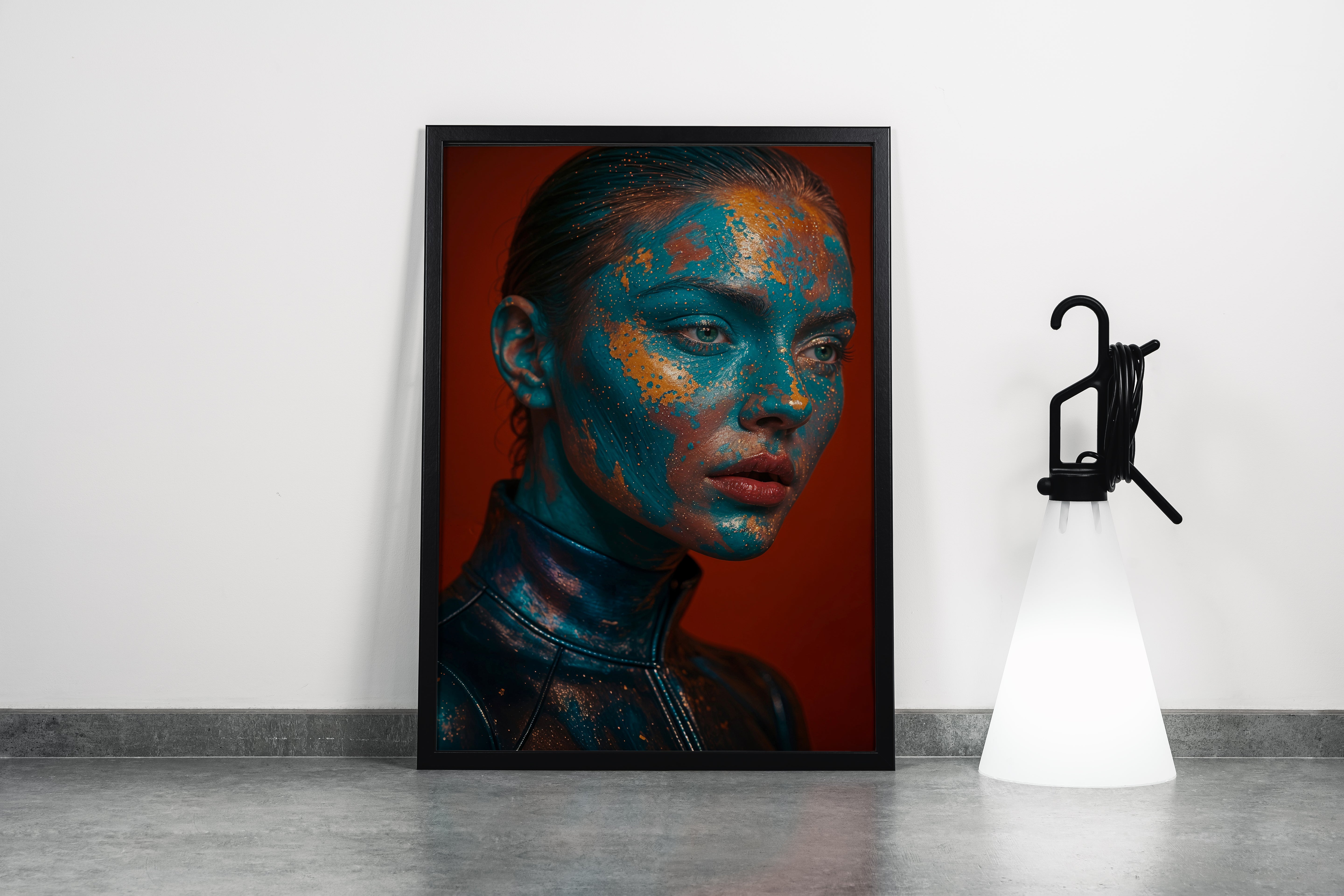 ai creation, a womans face with turquoise and gold artistic paint, ai art, art, kanvas tablo