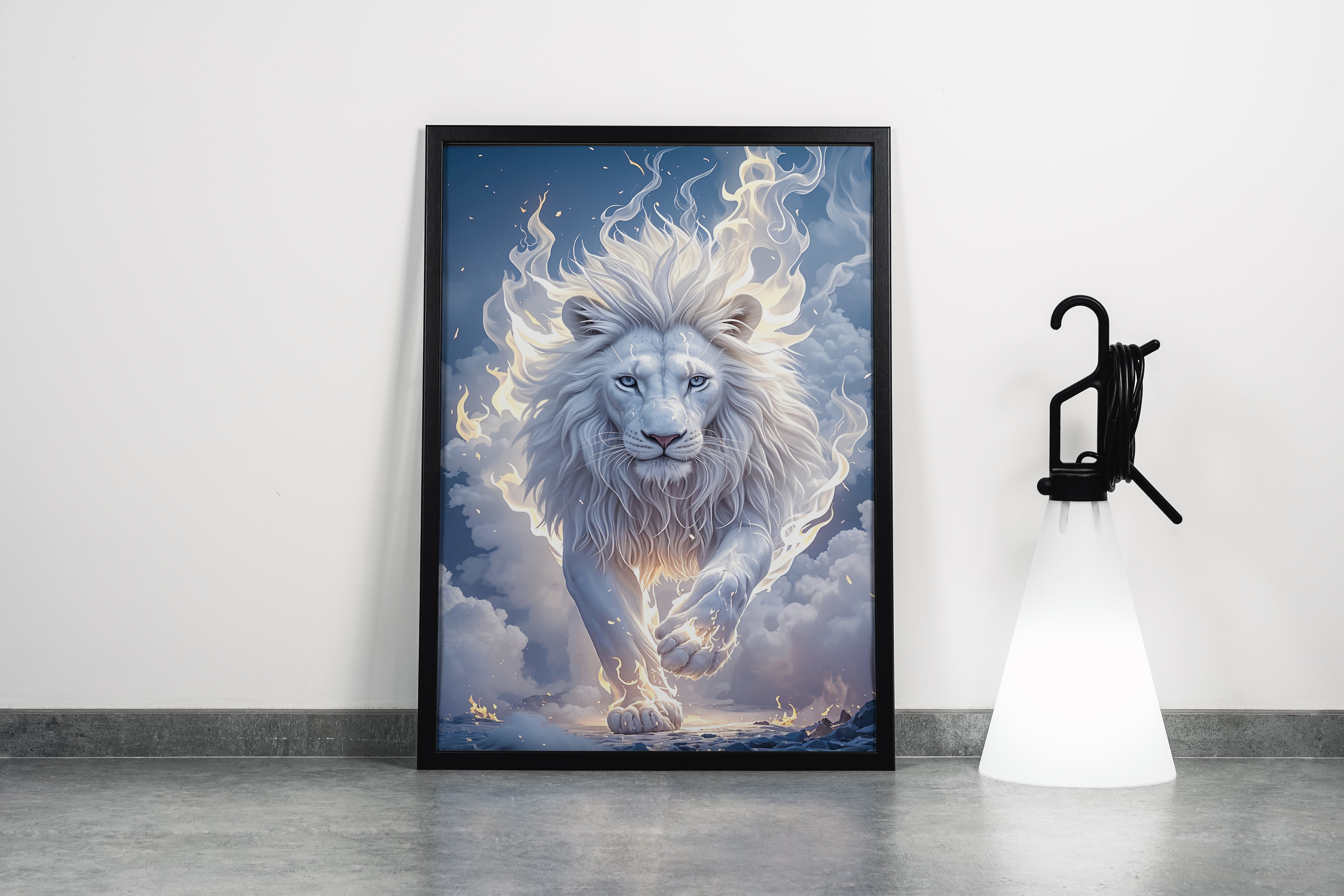 ai creation, white lion in white flames, pet, ai art, art, kanvas tablo