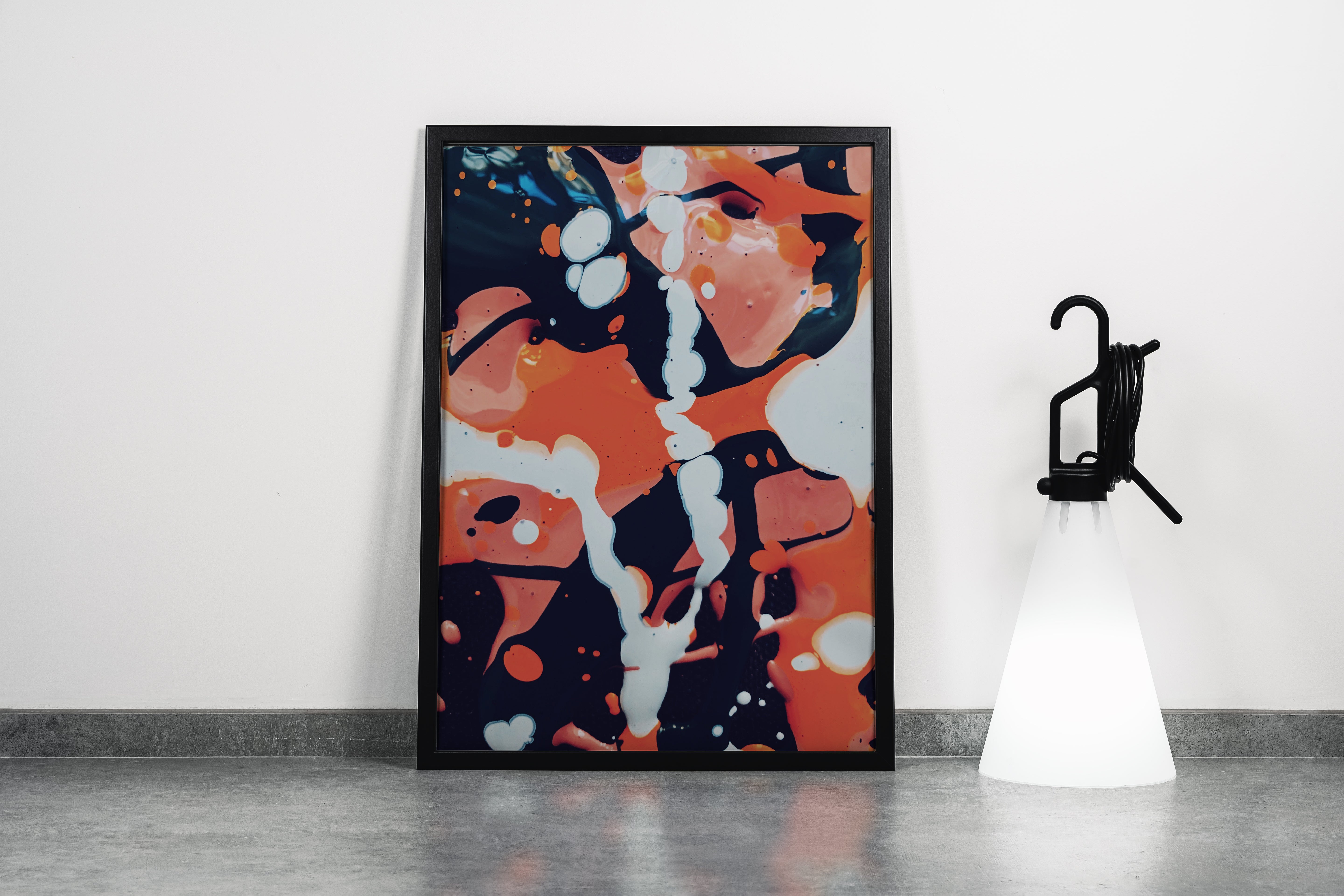 vibrant abstract art with dynamic splashes of orange and white paint on a dark background, abstract, art, kanvas tablo