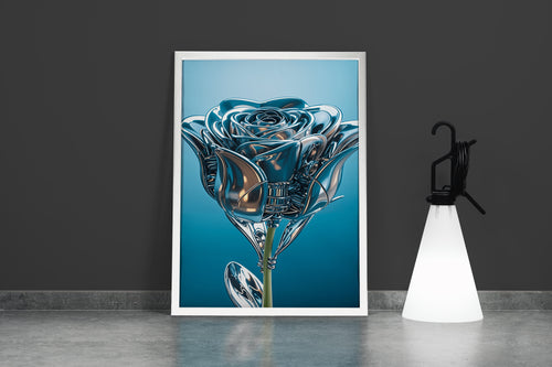 ai creation, the rose and its leaves are made of silver, in muted blue tones model 2, ai art, art, kanvas tablo