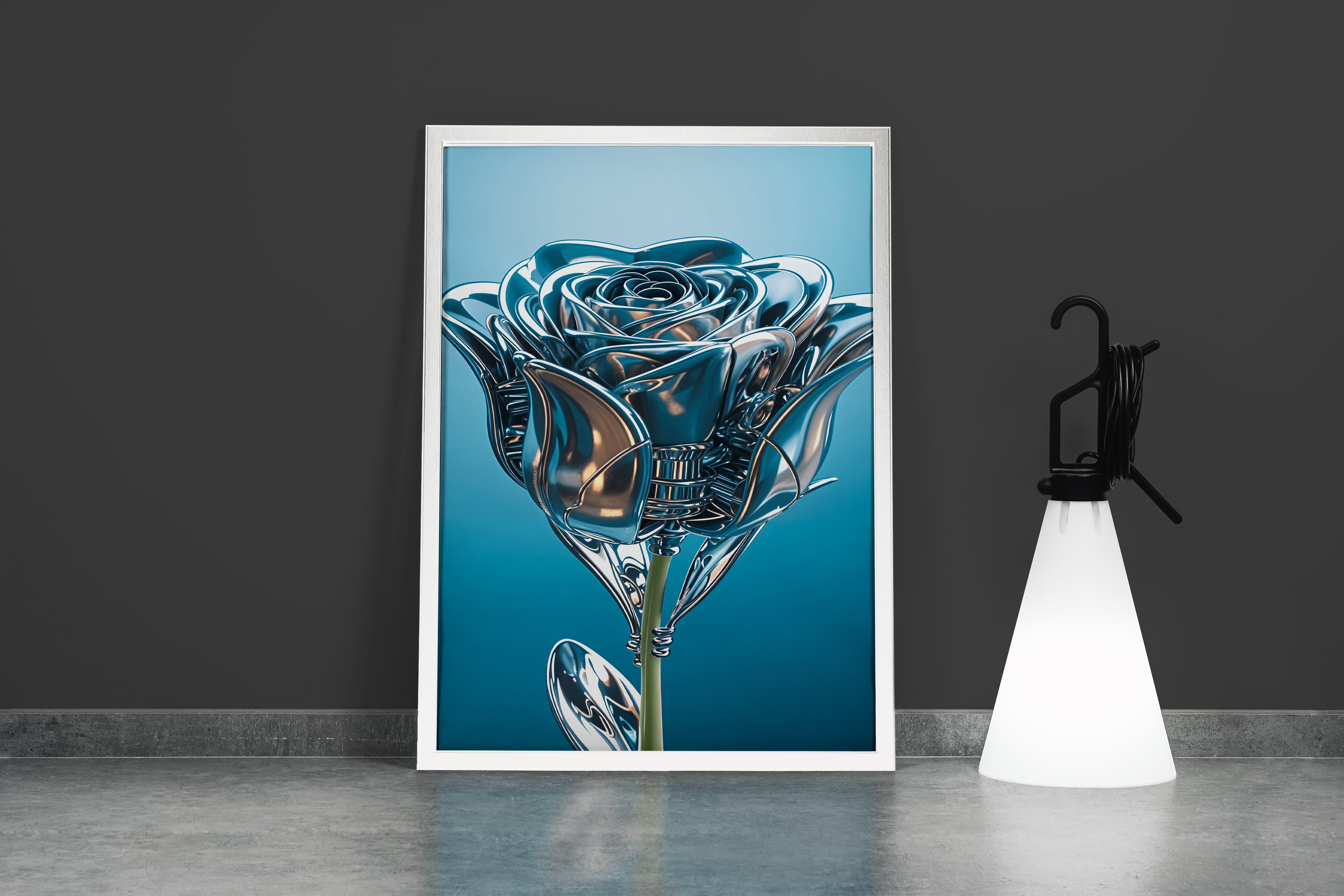 ai creation, the rose and its leaves are made of silver, in muted blue tones model 2, ai art, art, kanvas tablo