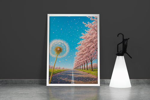 ai creation, a road decorated with soft pink trees with a dandelion, ai art, art, kanvas tablo