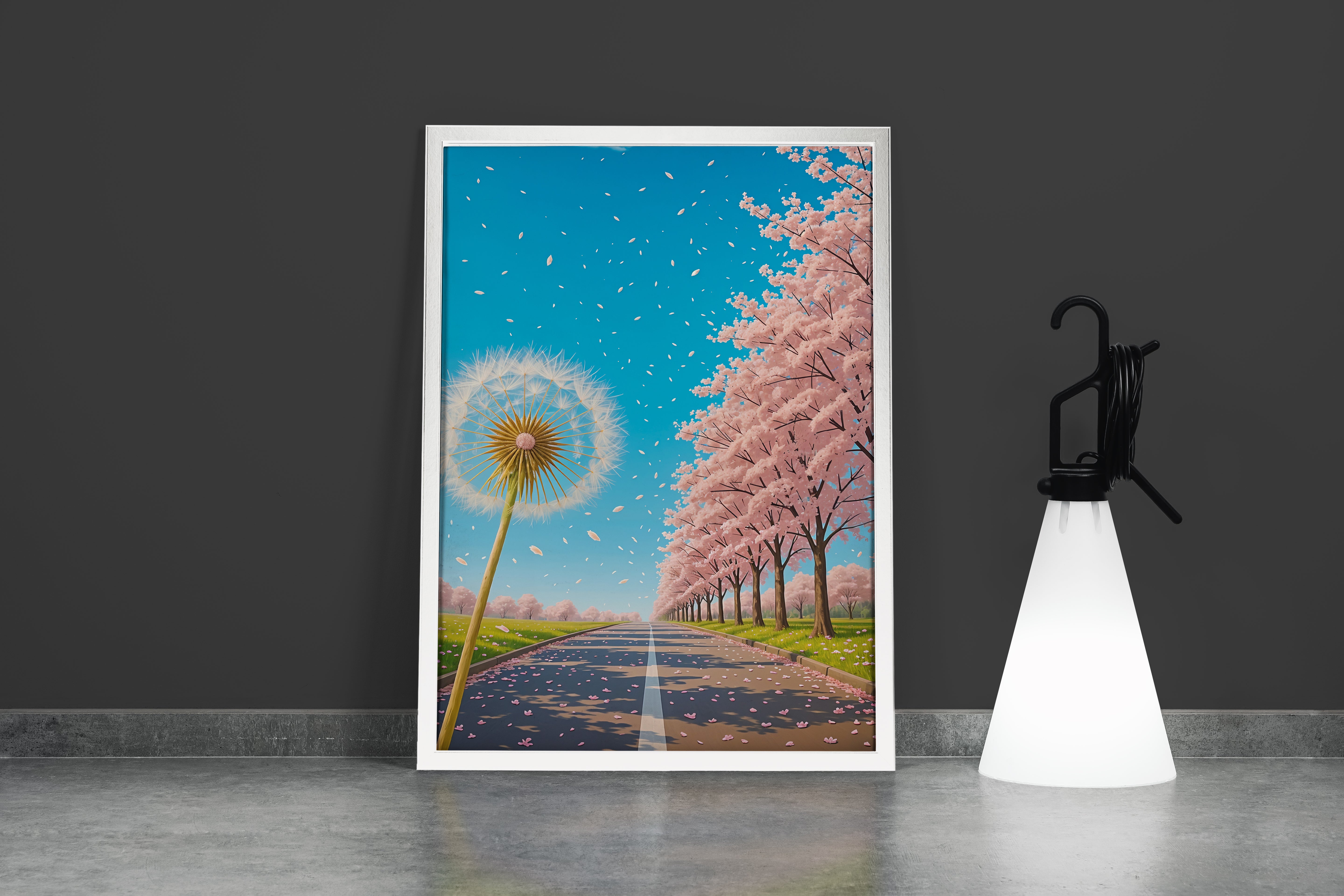 ai creation, a road decorated with soft pink trees with a dandelion, ai art, art, kanvas tablo