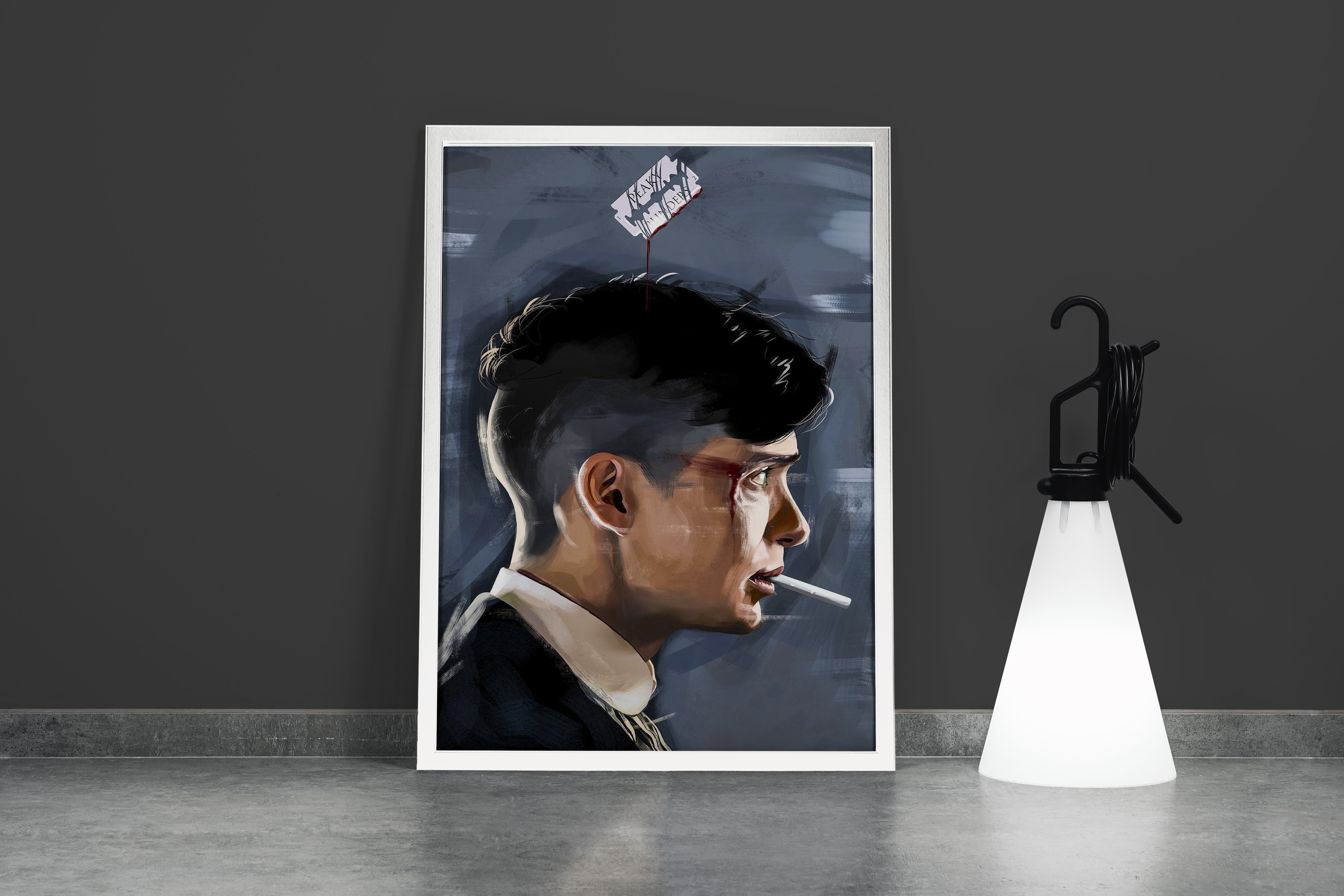 an intense painterly portrait of thomas shelby with a cigarette and bloody razor, art, kanvas tablo