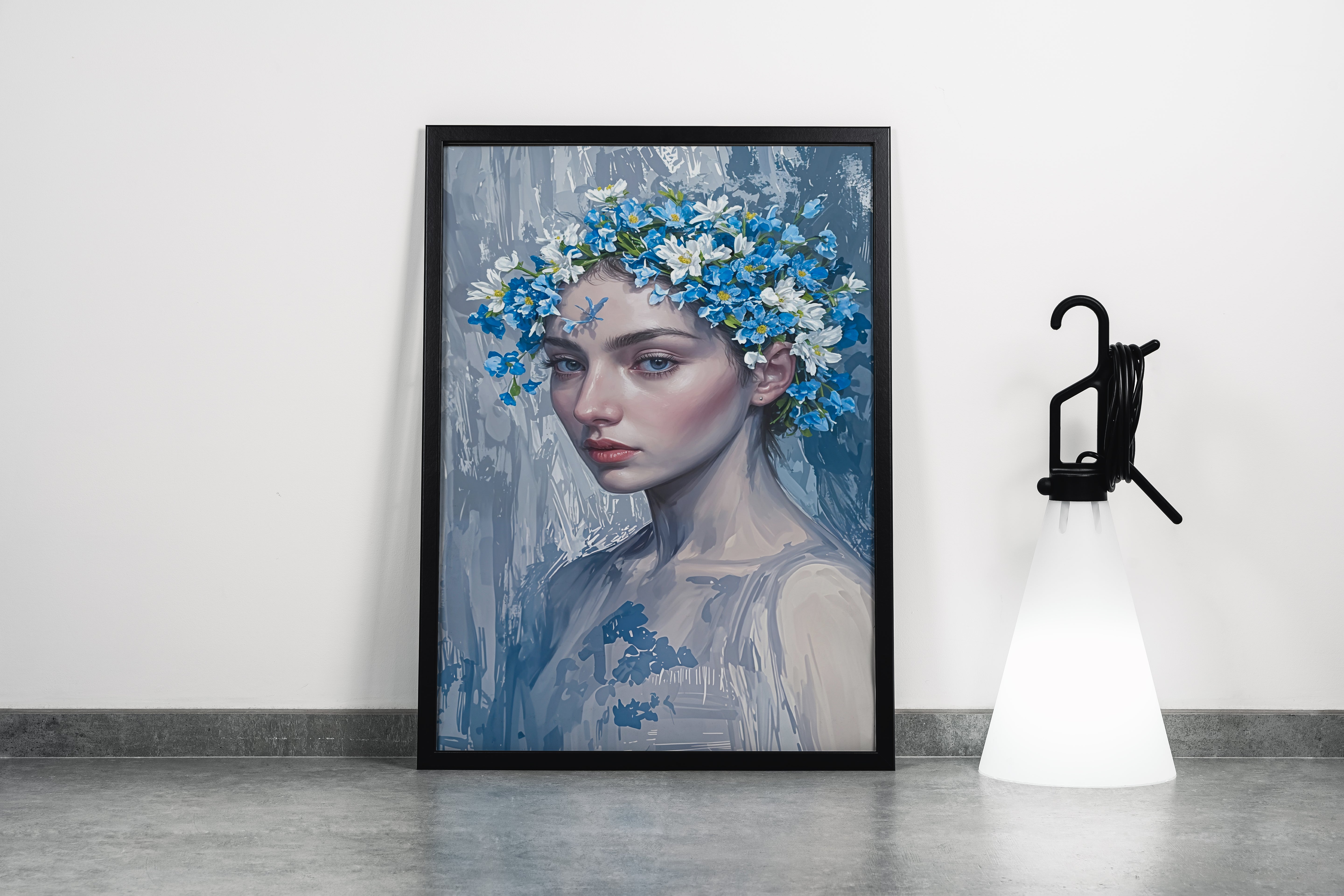 ai creation, a painterly portrait of a woman wearing a blue and white flower crown, ai art, art, kanvas tablo