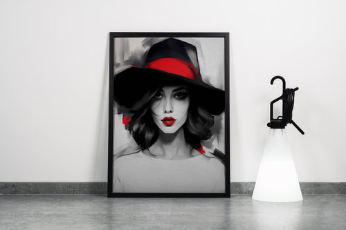 a black and white painting of a woman with selective red lips and hatband, art, kanvas tablo
