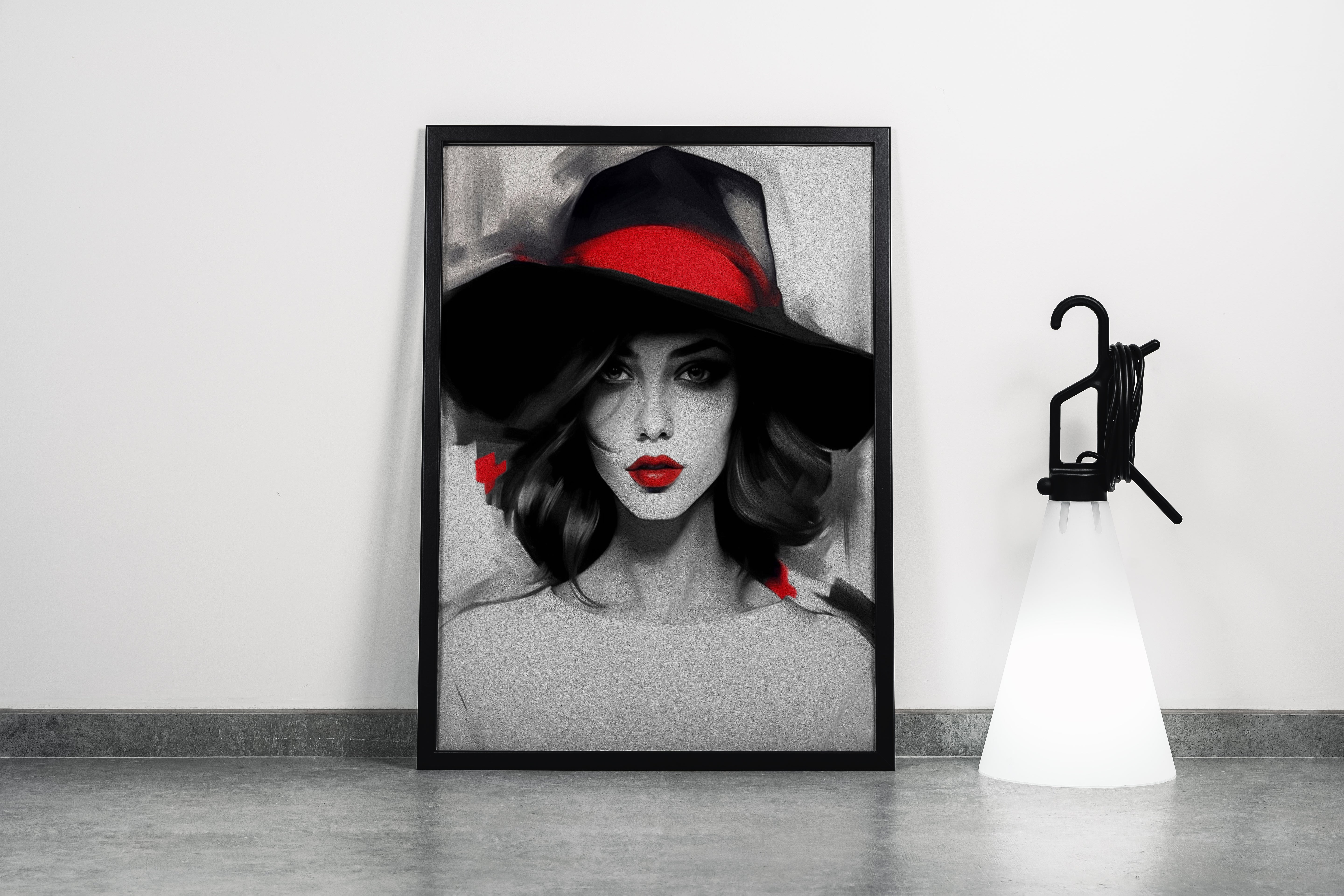 a black and white painting of a woman with selective red lips and hatband, art, kanvas tablo
