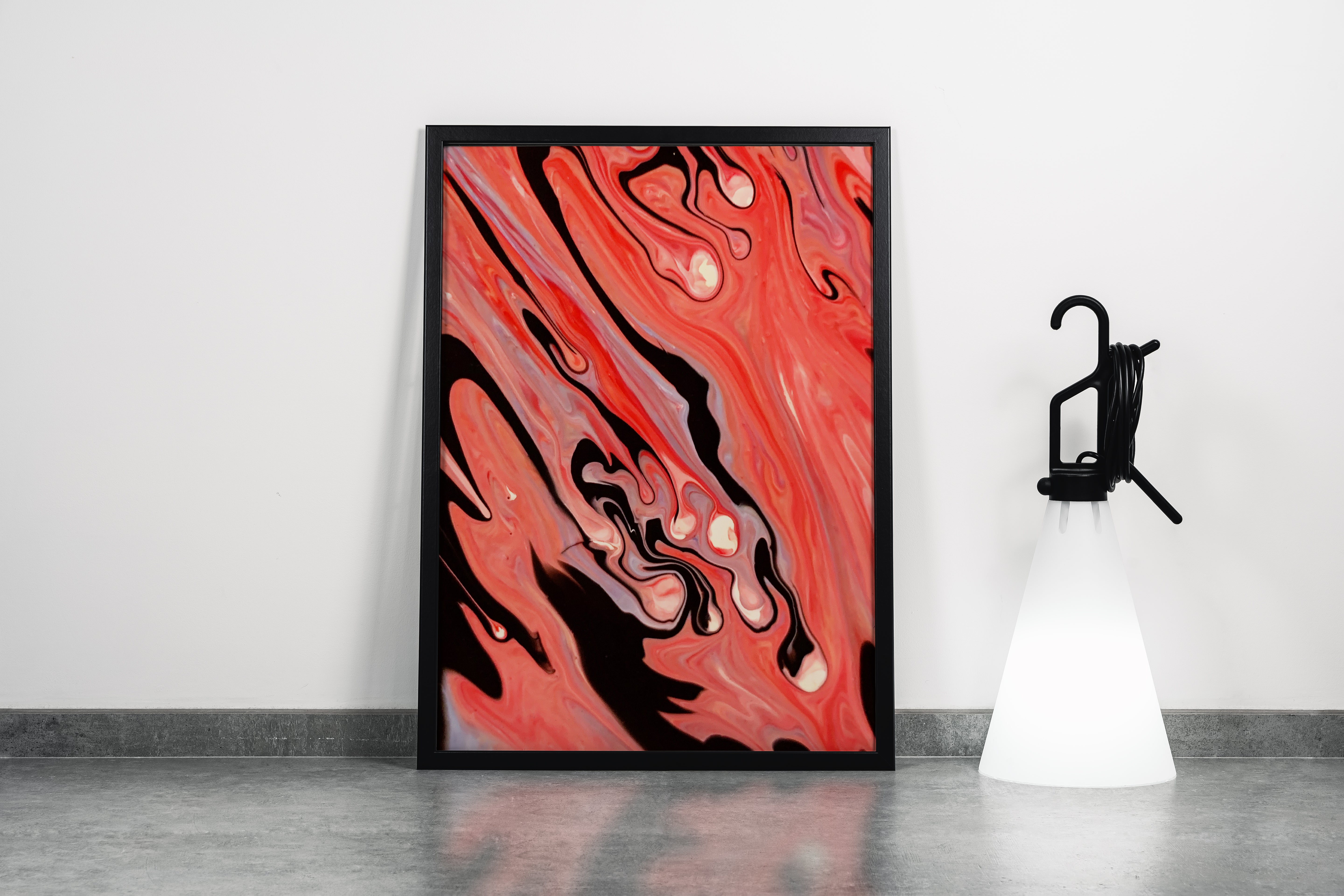 a mesmerizing close-up of red, white, and black fluid art creating organic patterns, abstract, art, kanvas tablo