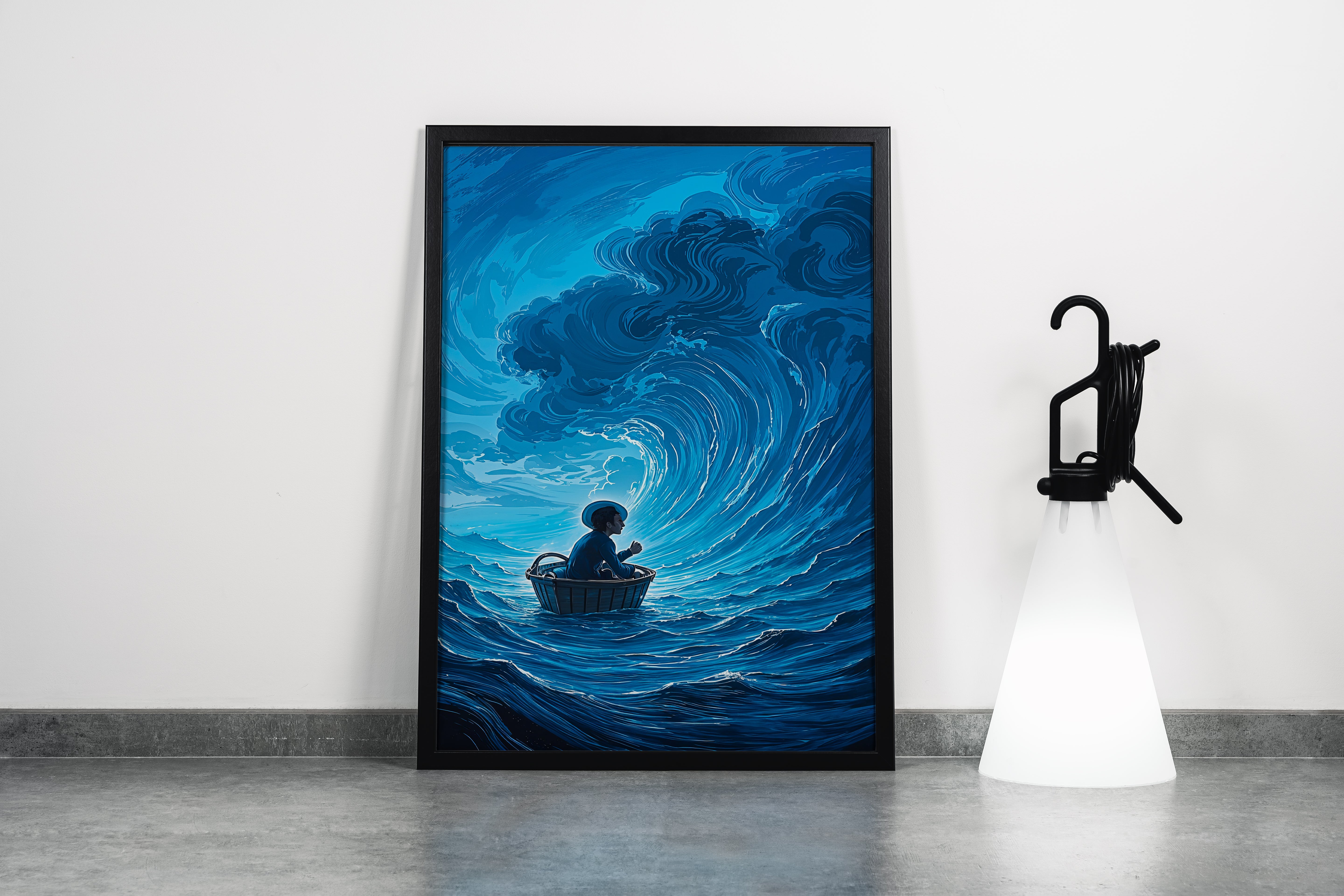 ai creation, a man sitting in a basket floating in giant waves, ai art, art, kanvas tablo