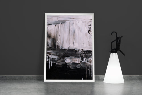 a close-up of a black and white abstract painting with heavy, textured brushstrokes, abstract, art, kanvas tablo
