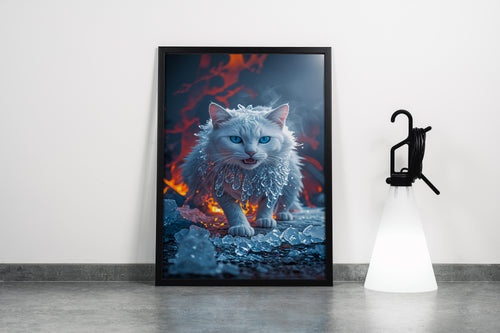 ai creation, white cat wrapped in ice, pet, ai art, art, kanvas tablo