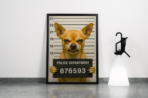 Sabıka Fotoğrafı Çekilen Sert Bakışlı Komik Chihuahua Köpek Mizahi Kanvas Tablo