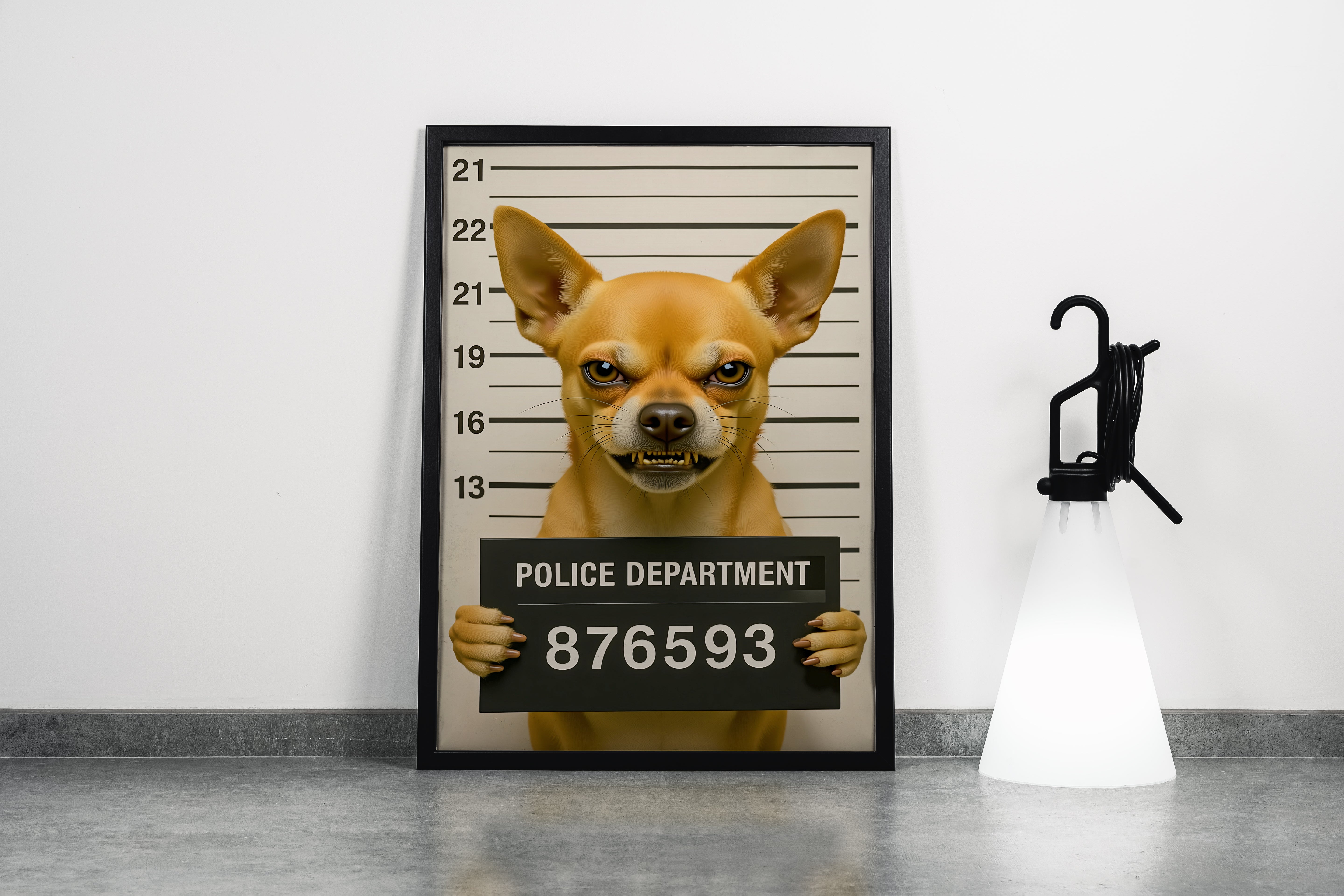 Sabıka Fotoğrafı Çekilen Sert Bakışlı Komik Chihuahua Köpek Mizahi Kanvas Tablo