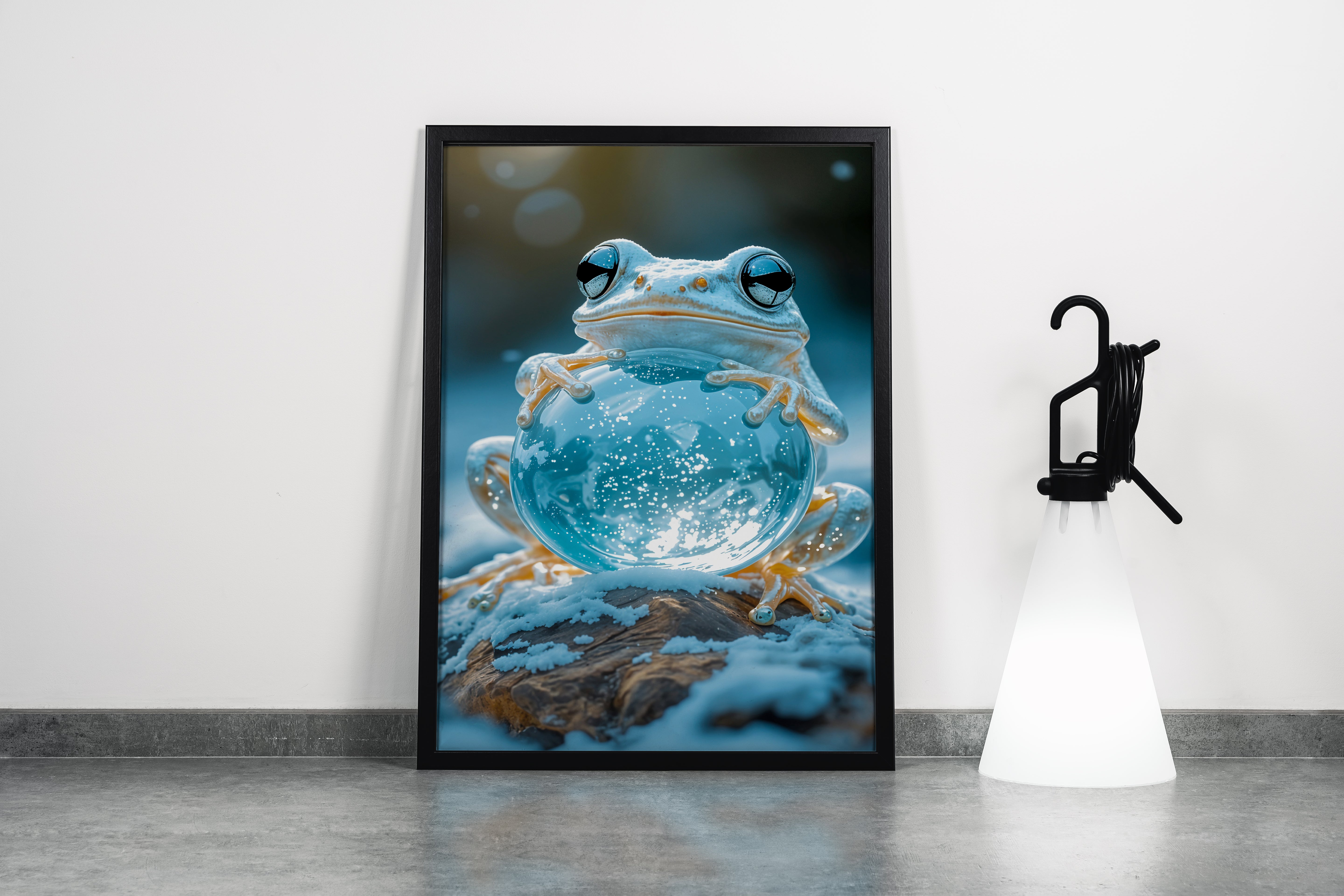 ai creation, frog leaning on snow globe, winter themed, ai art, art, kanvas tablo