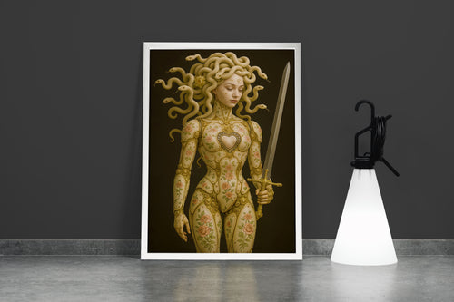 ai creation, a clockwork medusa with a floral porcelain body holding a golden sword, ai art, art, kanvas tablo