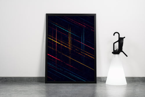 a dark abstract background with thin, colorful, diagonal lines streaking across the canvas, abstract, art, kanvas tablo