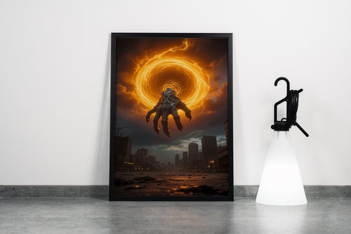 ai creation, a giant monster hand emerges from a fiery portal over a city, ai art, art, kanvas tablo