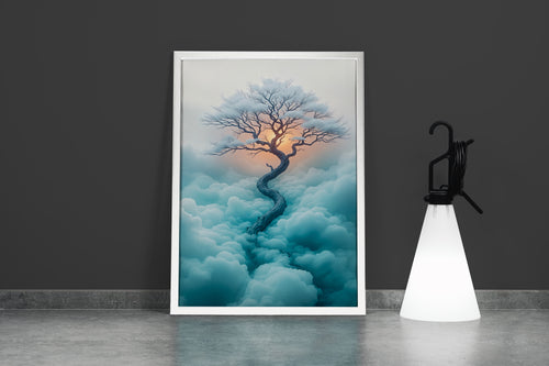 ai creation, tree growing above the clouds at sunset, ai art, art, kanvas tablo