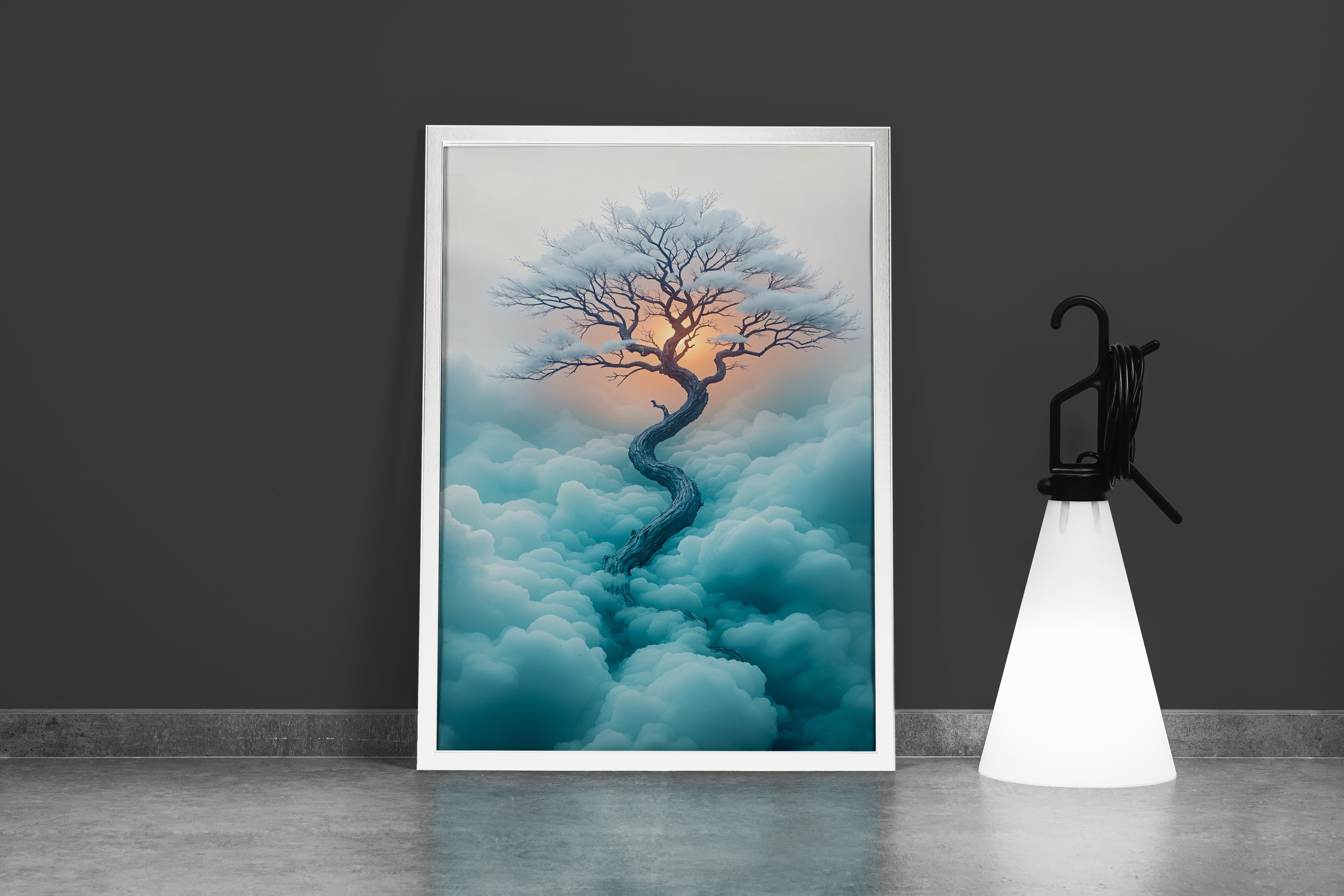 ai creation, tree growing above the clouds at sunset, ai art, art, kanvas tablo