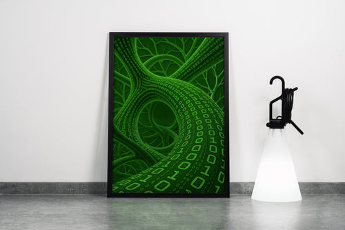 Teknolojik Ağ ve Dijital Doğa Temalı Yeşil Binary Kodlu Soyut Kanvas Tablo