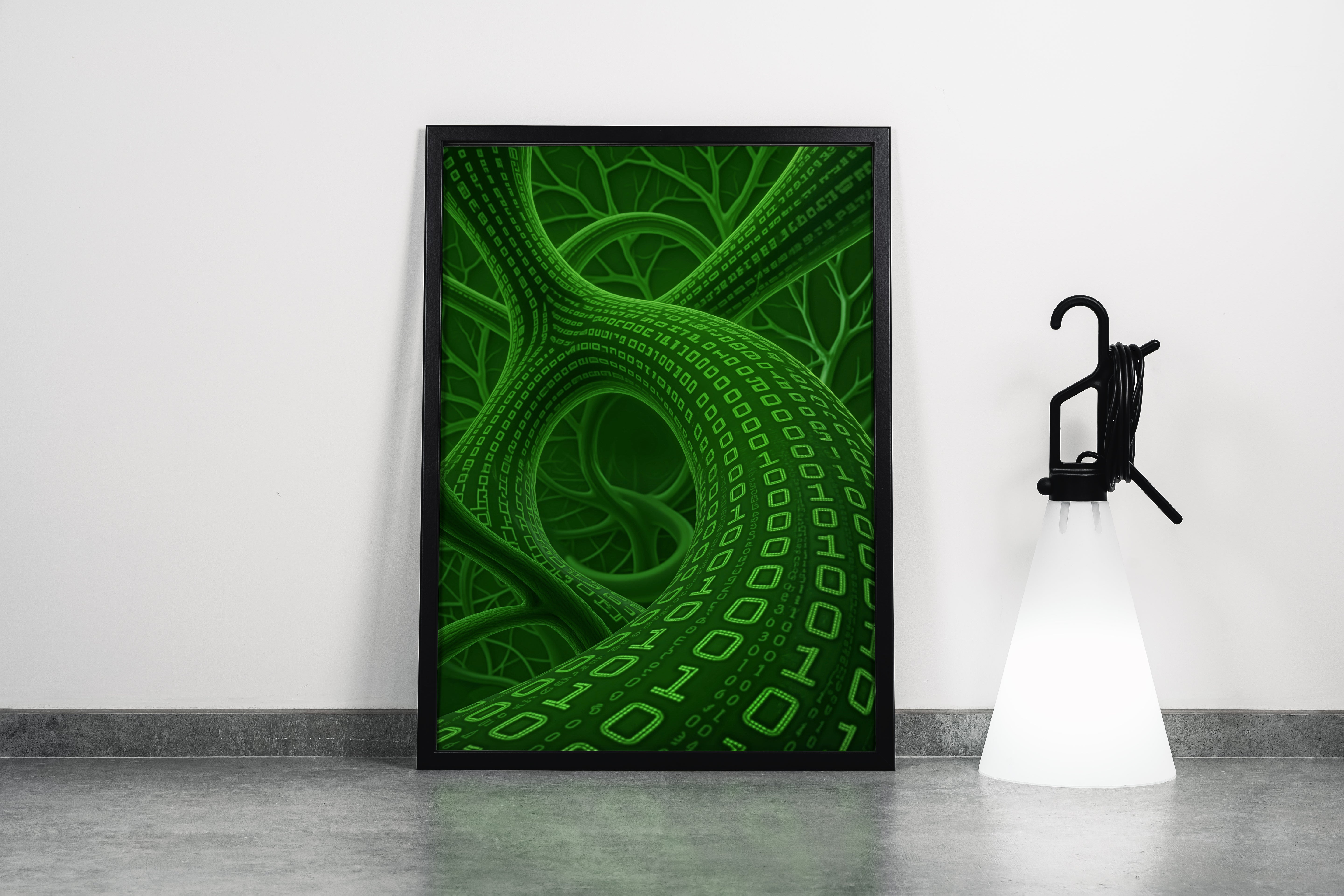 Teknolojik Ağ ve Dijital Doğa Temalı Yeşil Binary Kodlu Soyut Kanvas Tablo