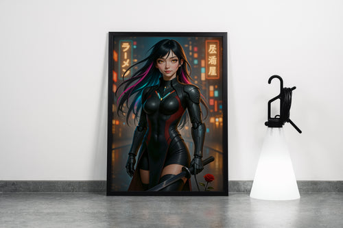 Neon Işıklı Fütüristik Şehirde Katanalı Cyberpunk Savaşçı Kadın Konsept Sanatı Kanvas Tablo
